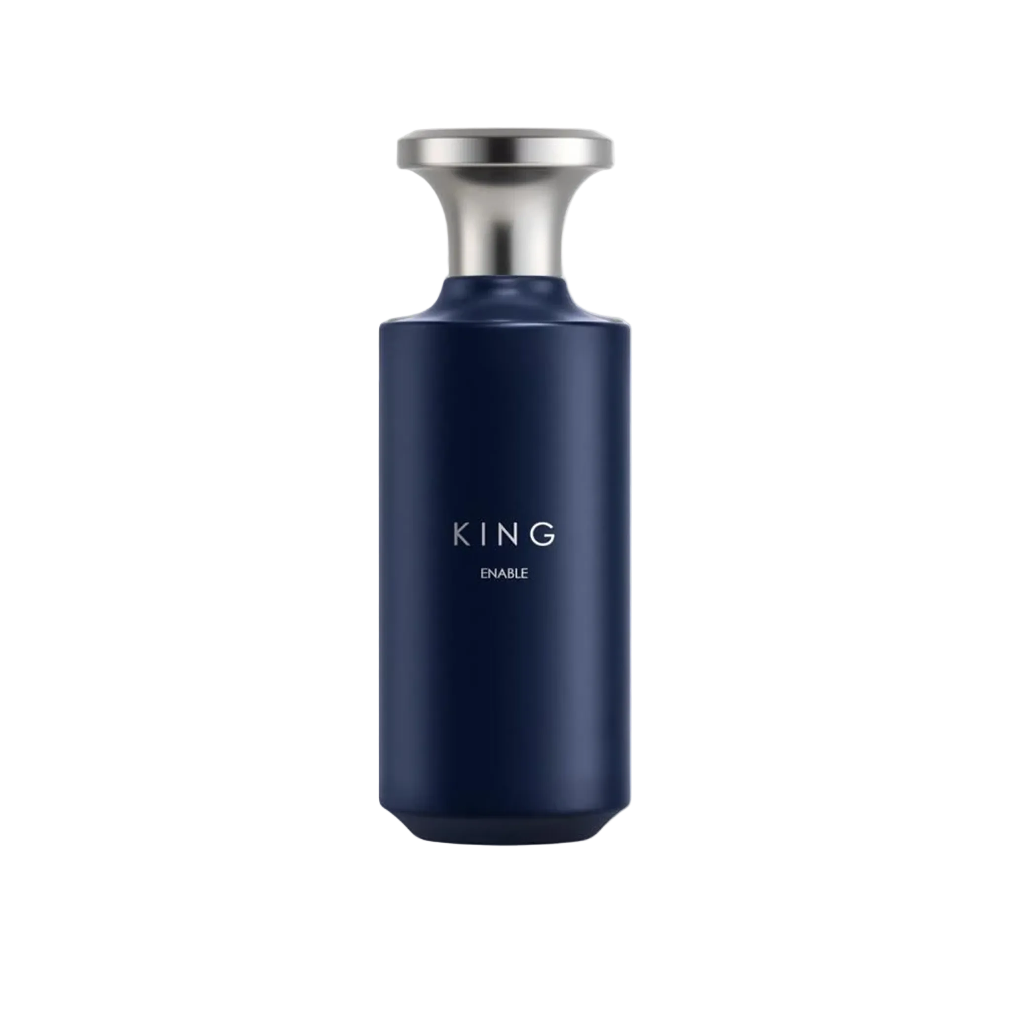King Enable perfume bottle with a deep navy-blue matte finish, sleek cylindrical shape, silver metallic cap.