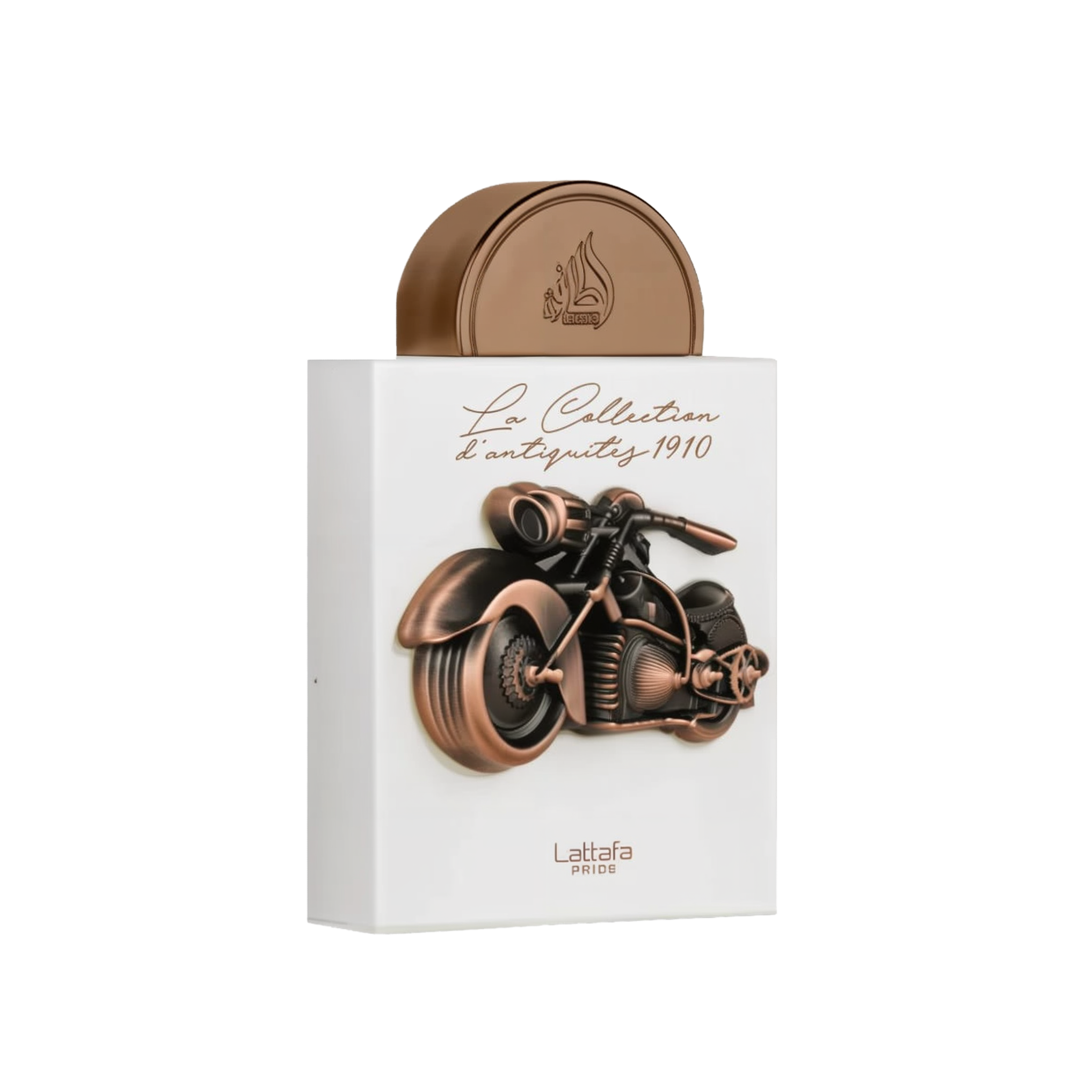 The image depicts a perfume box from "La Collection d'antiquité 1910" by Lattafa Pride. The box is white and features a copper-toned three-dimensional sculpture of a vintage motorcycle. The text "La Collection d'antiquité 1910" is elegantly written in cur