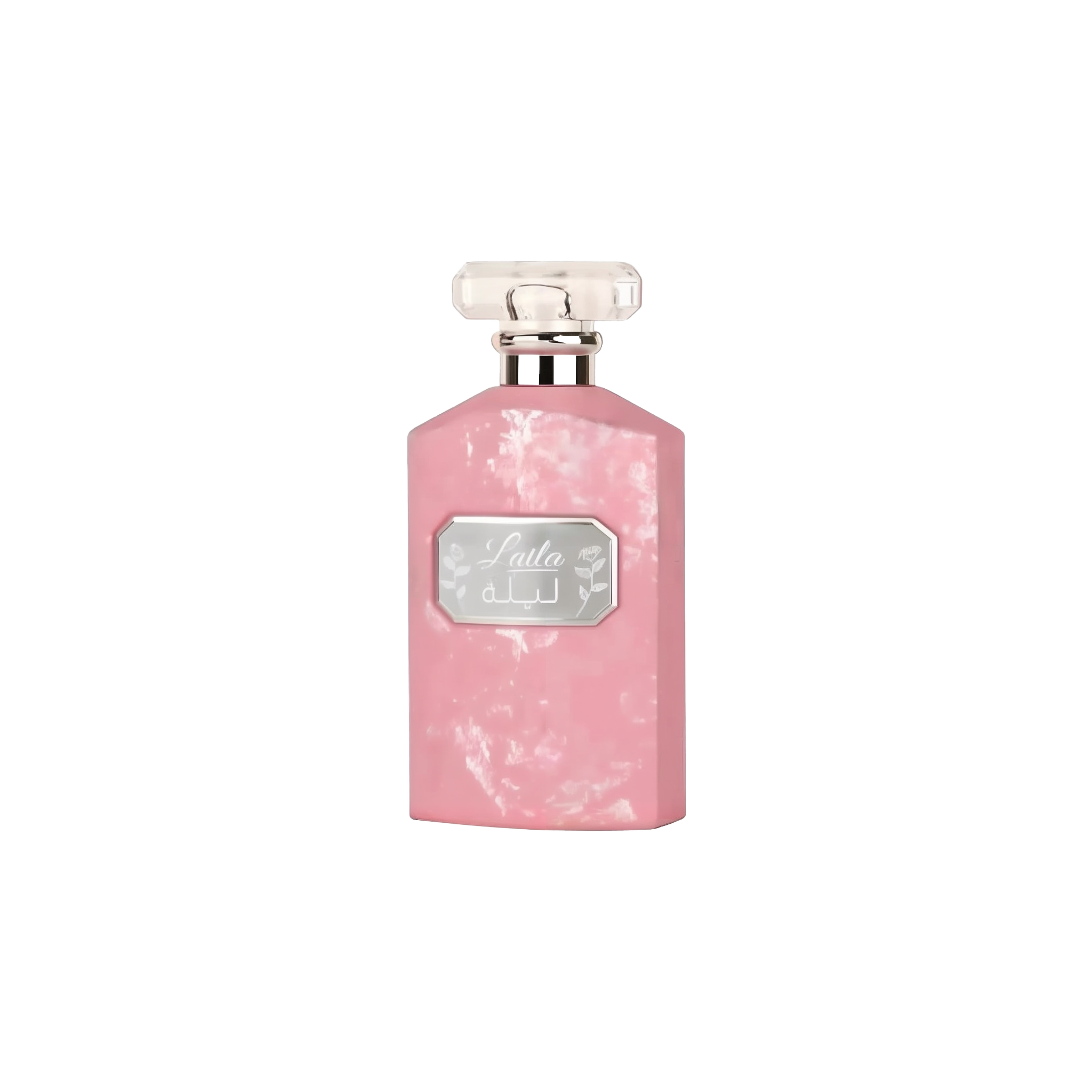 The image shows a flat, rectangular-shaped perfume bottle with a textured pink surface that has a marbled or distressed look. The bottle has a clear, rectangular glass cap. On the front, there's a label with the name "Laila" in stylized script, along with Arabic script beneath it. The label is framed by a silver border, giving the bottle a feminine and elegant appearance.