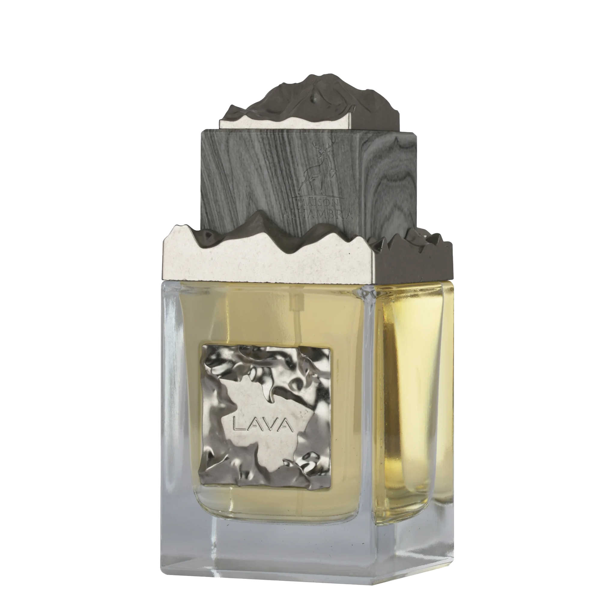 Maison Alhambra Lava perfume bottle with metallic silver label and textured stone-like cap.