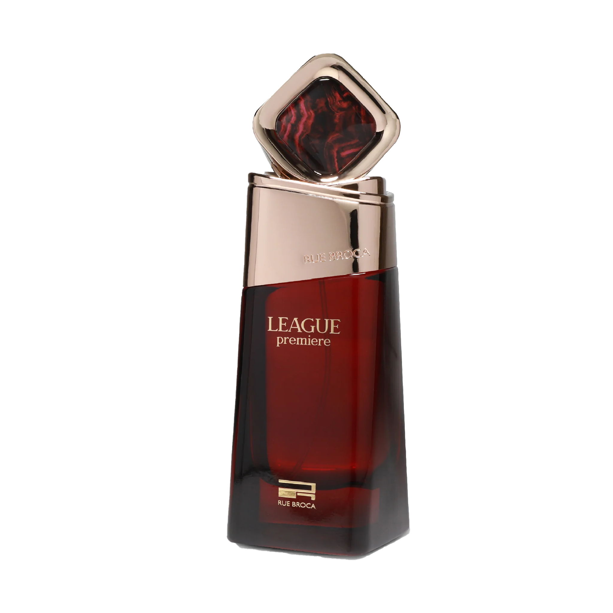 Rue Broca League Premiere is a bottled perfume with an angular dark red glass body and square marbled red accent on top.