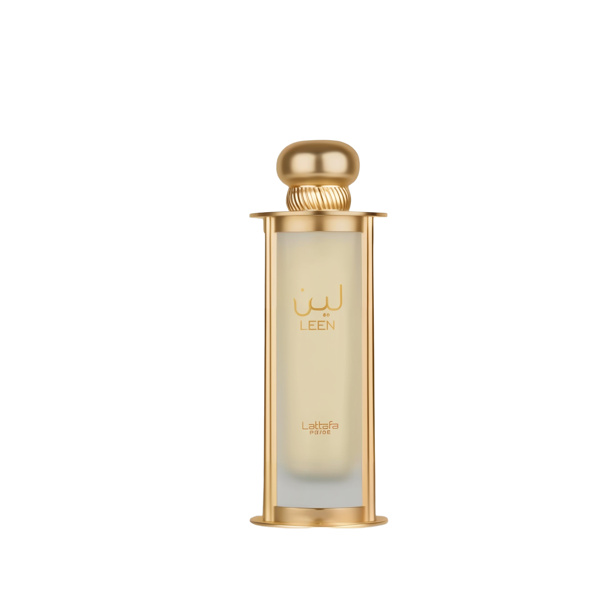 The image shows a perfume bottle named "Leen" by Lattafa Pride. The bottle is cylindrical with a transparent glass body that has a gold gradient starting from the top, and it is supported by a gold base and topped with a matching gold cap. The name "LEEN"