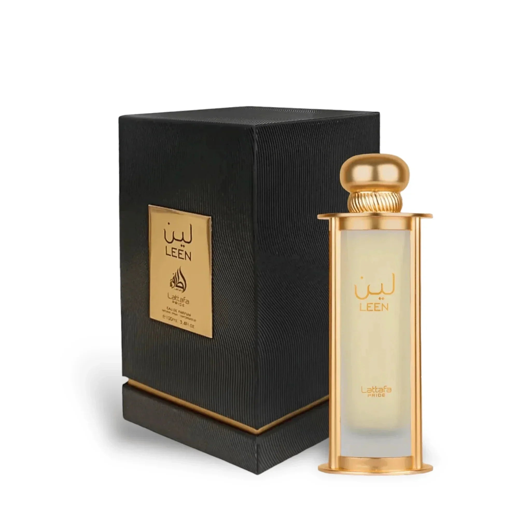The image features "Leen" by Lattafa Pride, displayed next to its packaging. The perfume bottle has a cylindrical shape with a gold gradient glass body, a gold base, and a gold cap. The name "LEEN" is printed in gold on the bottle, with Arabic script abov