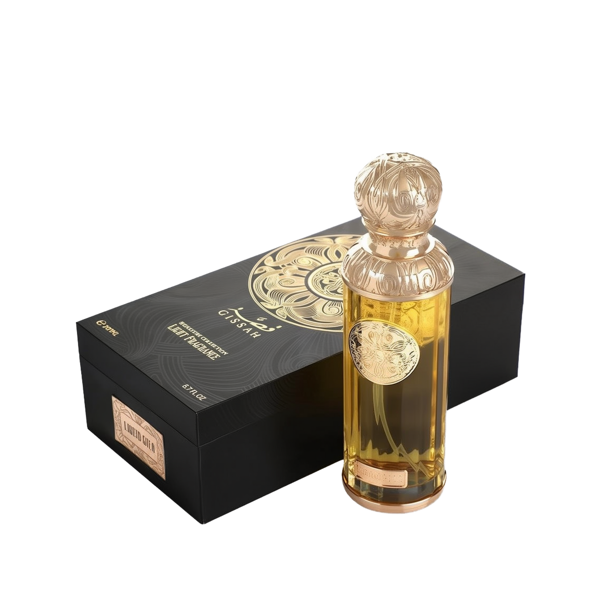 A product image of Gissah’s “Liquid Gold” signature light fragrance: a sleek rectangular black gift box embellished with an intricate gold filigree medallion design and branded in white and gold with “Gissah” (in Arabic and English), “Signature Collection Light Fragrance,” and “200?ml / 6.7?fl oz.”