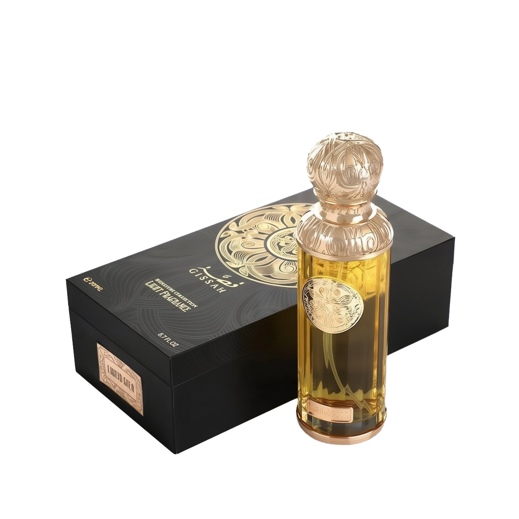 A product image of Gissah’s “Liquid Gold” signature light fragrance: a sleek rectangular black gift box embellished with an intricate gold filigree medallion design and branded in white and gold with “Gissah” (in Arabic and English), “Signature Collection Light Fragrance,” and “200?ml / 6.7?fl oz.”