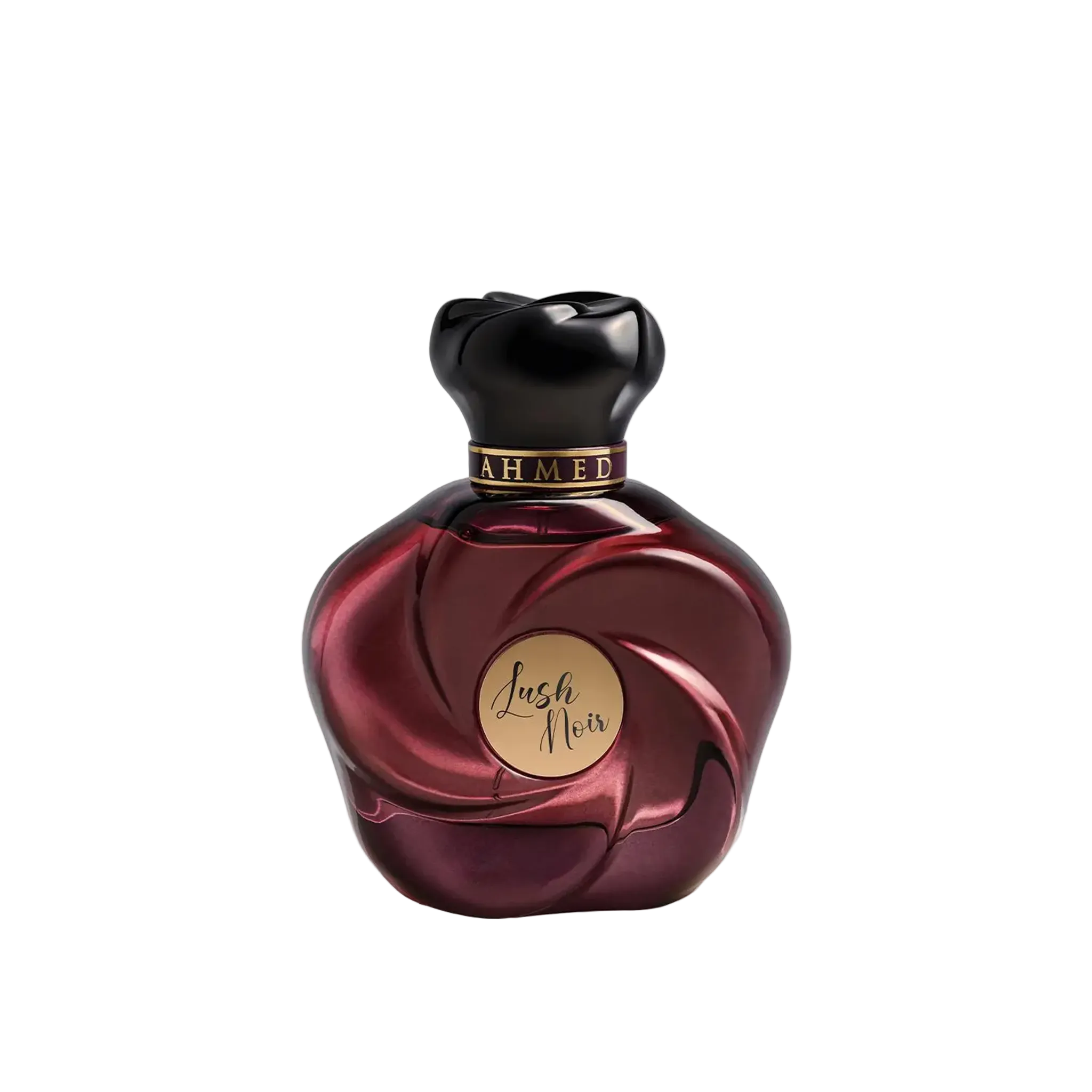 Lush Noir by Ahmed perfume bottle featuring a deep burgundy sculpted glass with a swirling pattern, gold label, black cap, and gold “AHMED” collar detail.