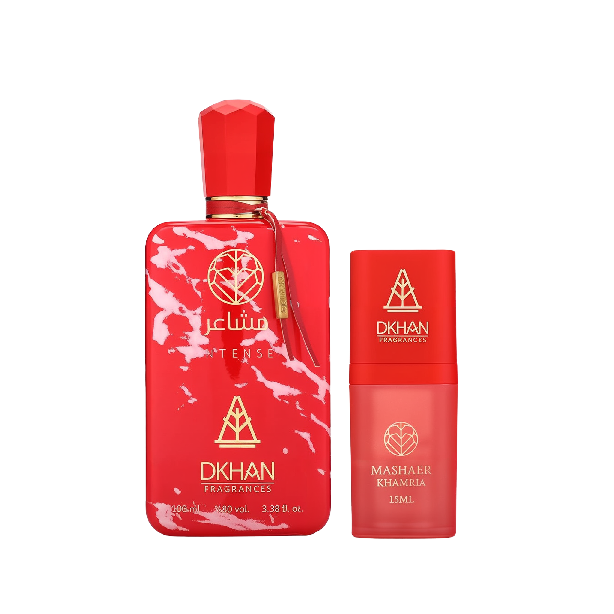 This image features a striking fragrance set from DKHAN Fragrances. On the left, there's a large red perfume bottle with a marbled white pattern, labeled "club INTENSE" and displaying the DKHAN Fragrances logo, along with the quantity "100 ml, 3.38 fl. oz., 80% vol." The bottle has a rectangular shape with rounded edges and a geometric red cap, complemented by a gold tag. To the right is a smaller, cylindrical red bottle with a smooth finish, labeled "MASHAER KHAMRIA" and the volume "15ML".