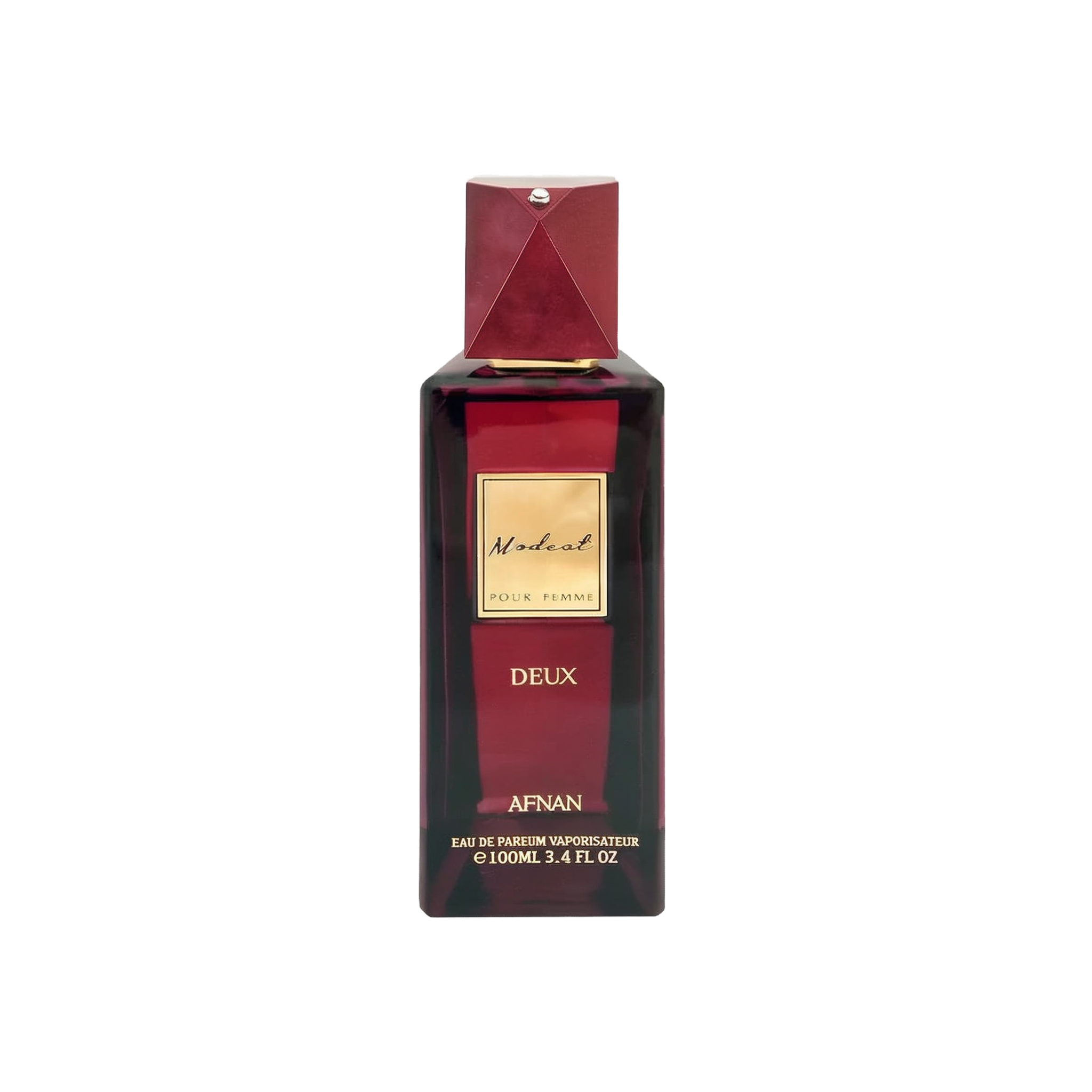 The image displays a sophisticated perfume bottle named "Modest Deux" by Afnan Perfumes. It features a deep burgundy color with a geometric cap that has a metallic finish and a diamond-like embellishment on top. The label is a simple gold plaque with the name "Modest" in elegant script, followed by "POUR FEMME" indicating it's for women, and "DEUX" beneath it.