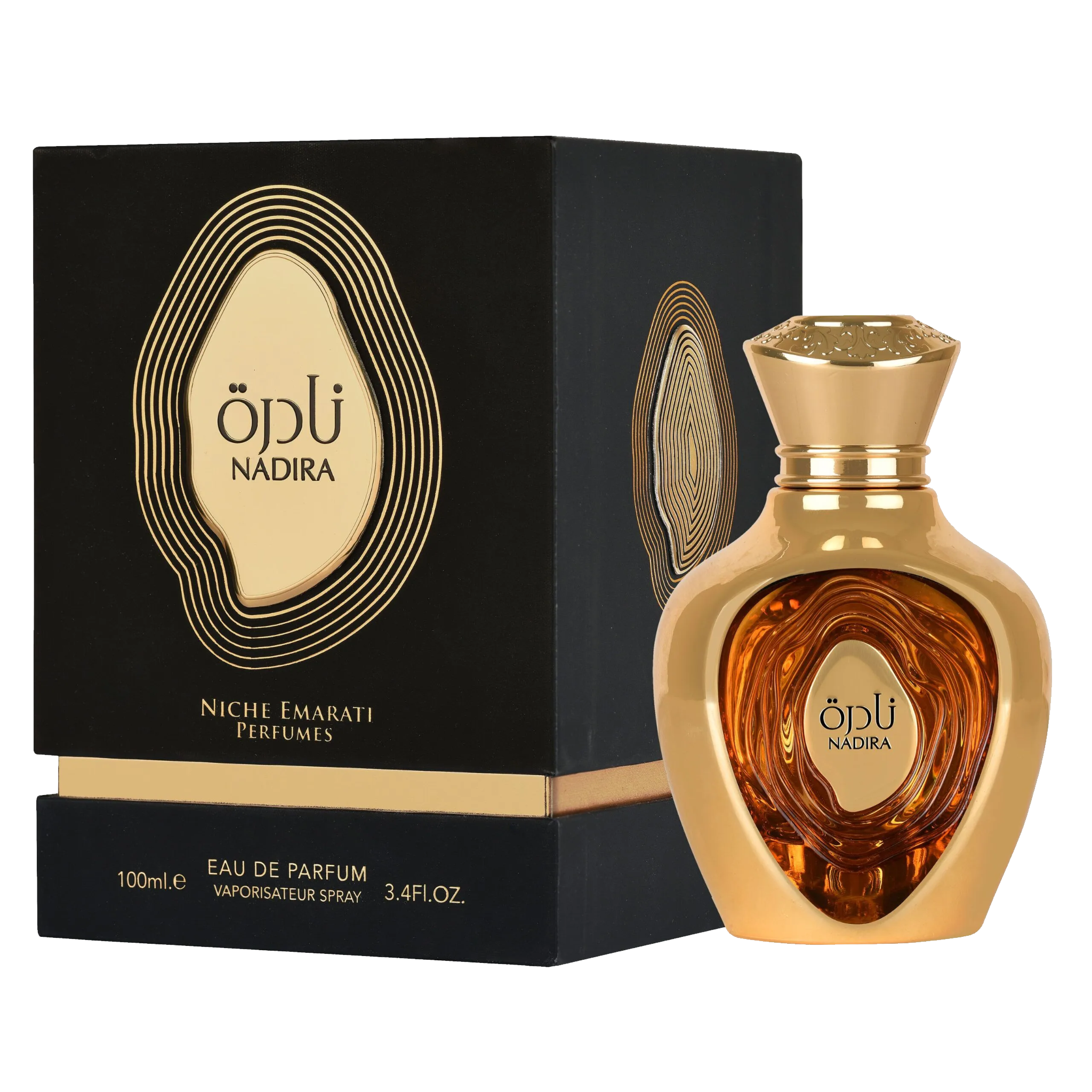 Nadira Eau De Parfum 100ml by Lattafa, featuring a luxurious gold bottle with an elegant black and gold package box.