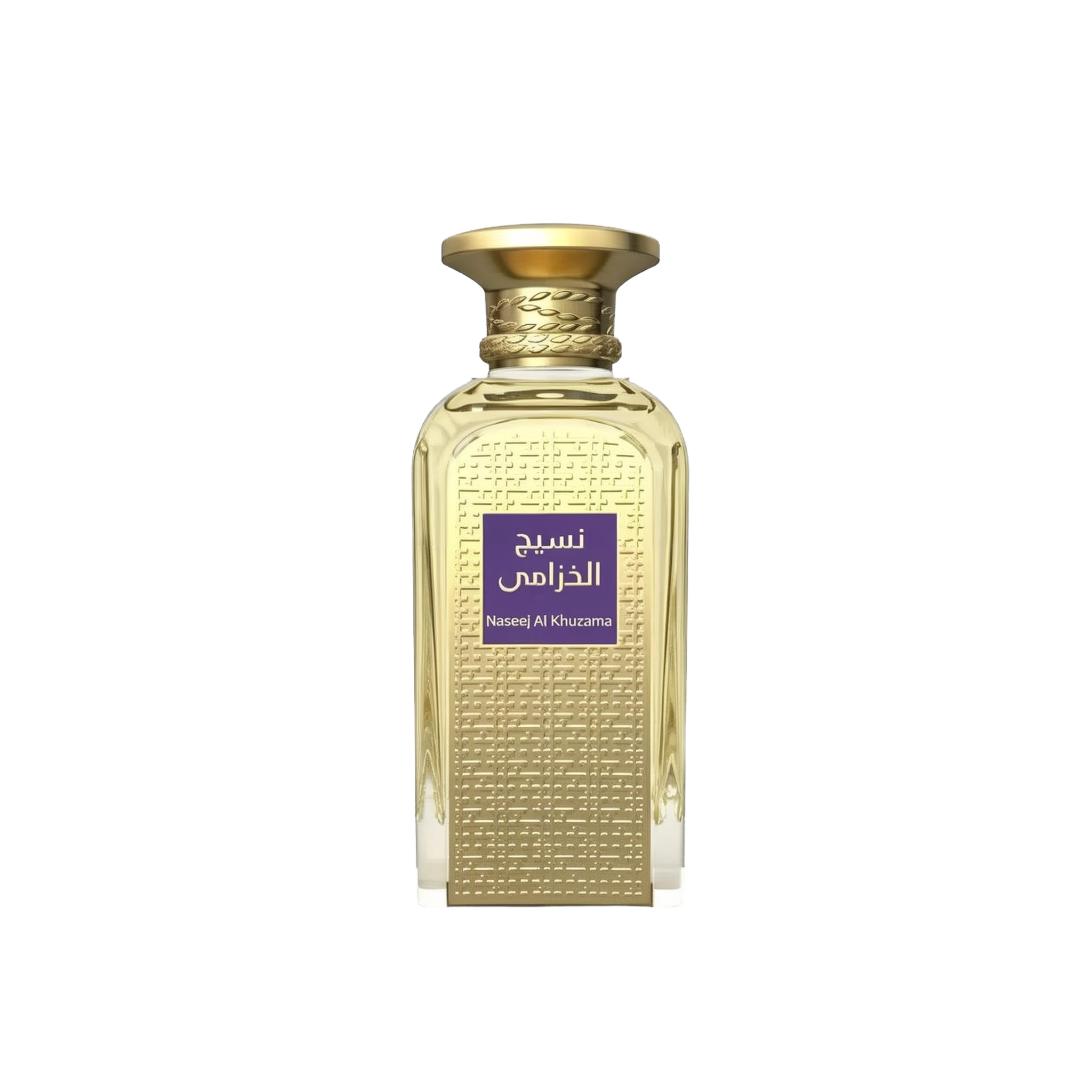 The image is of a perfume bottle with a rich golden color and textured design. The bottle has a rectangular shape with a curved top and a broad, flat base. The cap is a smooth, polished gold matching the bottle's texture. On the front, there is a purple label with Arabic script, which translates to "Naseej Al Khuzama," indicating the name of the fragrance. The text below the Arabic script, in smaller font, is the English transliteration of the name.