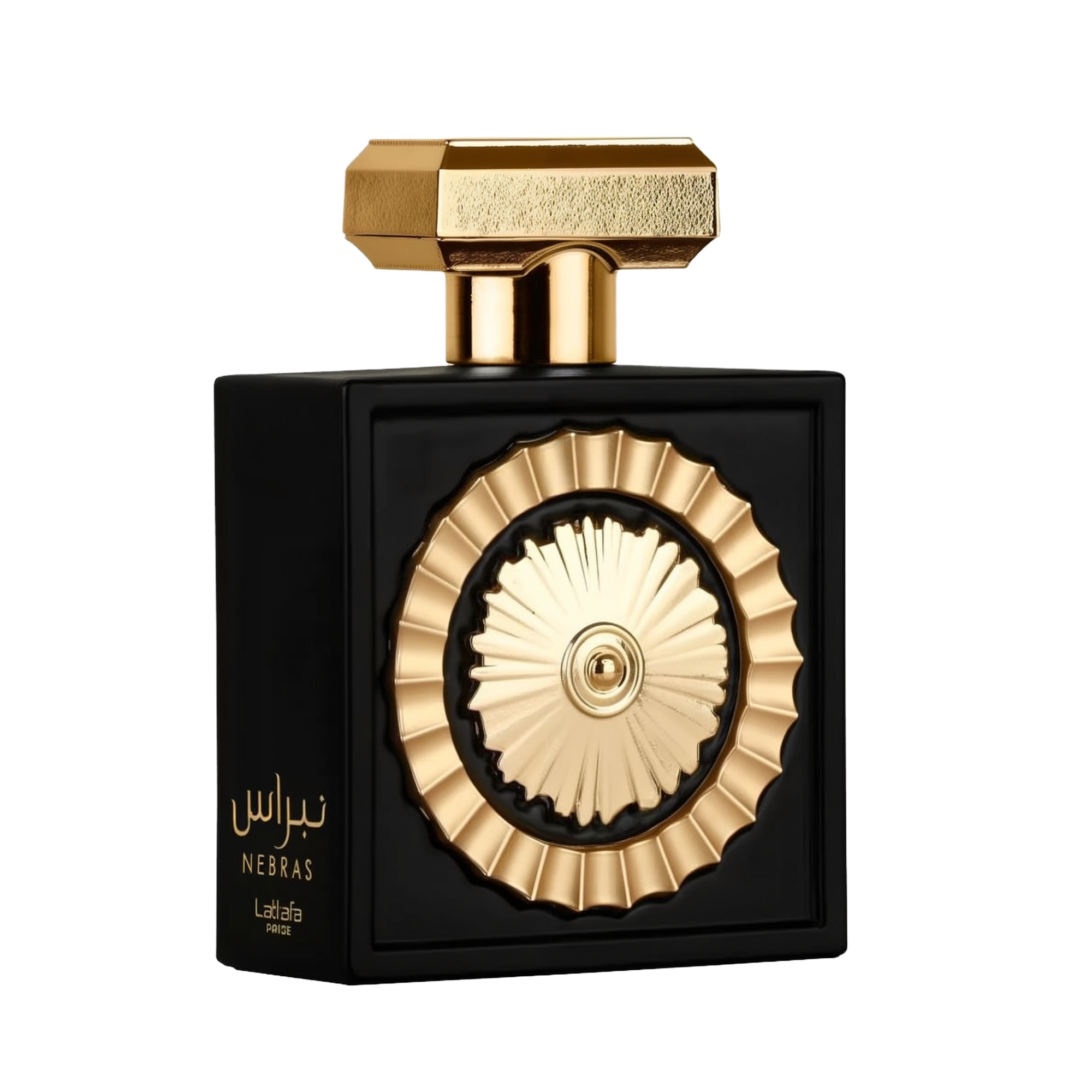 The image features a sophisticated perfume bottle with a black rectangular body and a distinctive golden circular motif in the center, resembling a sun or wheel design. The bottle has a textured gold cap with geometric shapes. Arabic script on the bottom