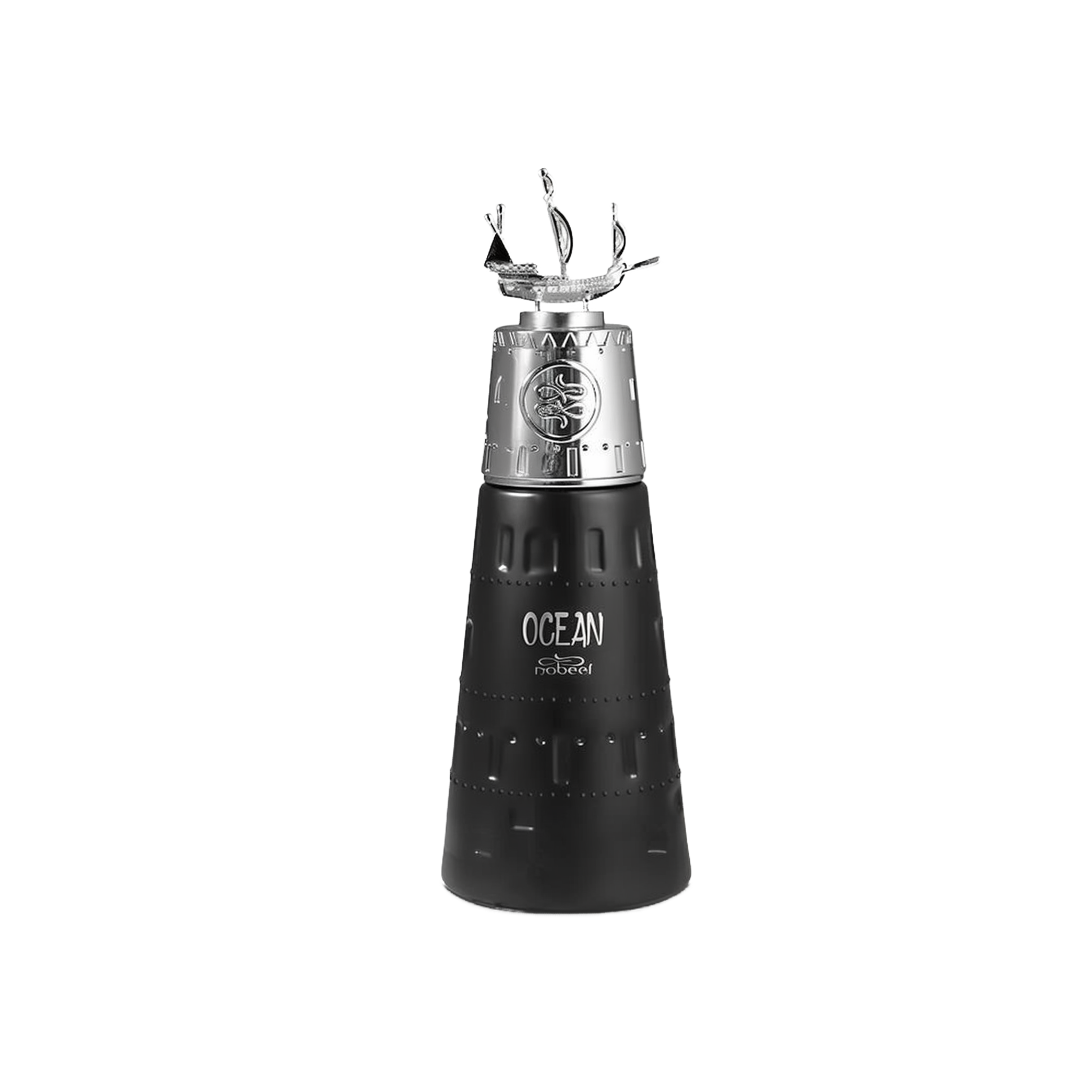 his is an image of a sleek, black designer fragrance bottle with the name "OCEAN" printed on it. The bottle has a unique, tapered shape and a textured surface resembling the body of a submarine with rivet details. The cap of the bottle is silver with embossed designs, topped with a small, intricate silver sculpture of a ship with its sails unfurled.