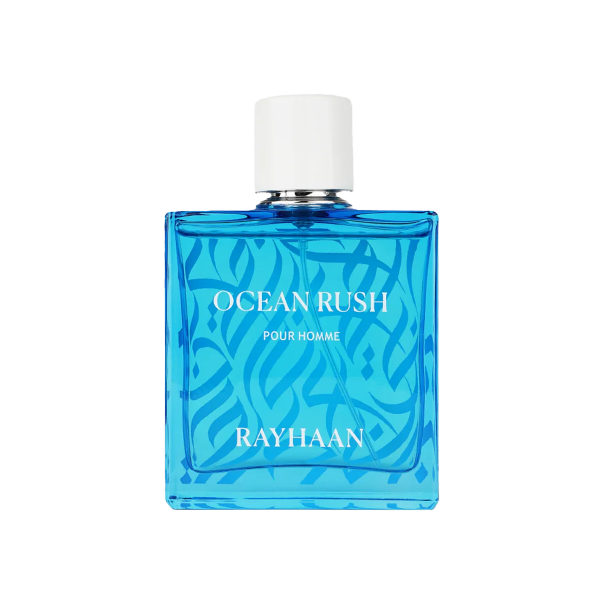 Blue square bottle of Ocean Rush Pour Homme with white cap and wave pattern design.