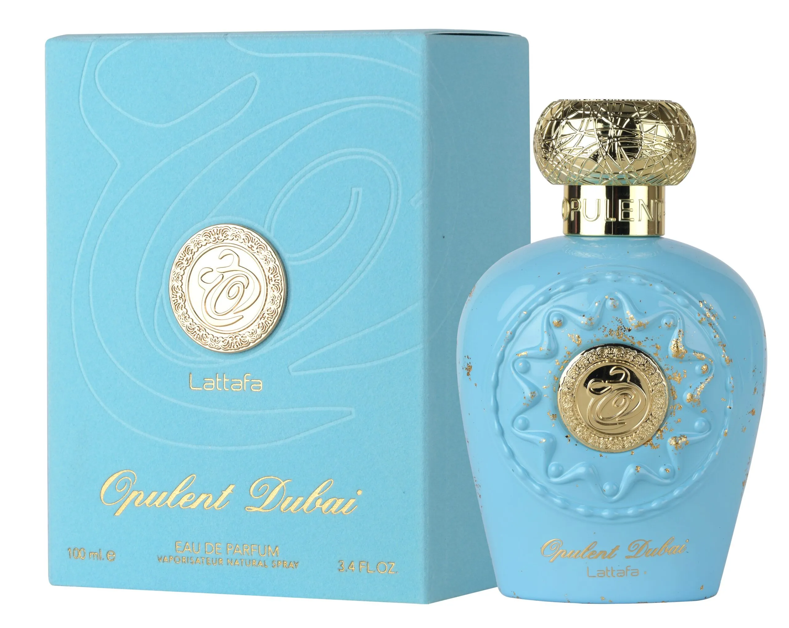 Lattafa Opulent Dubai, perfume bottle is glossy light blue with gold details and embossed emblem in the center.