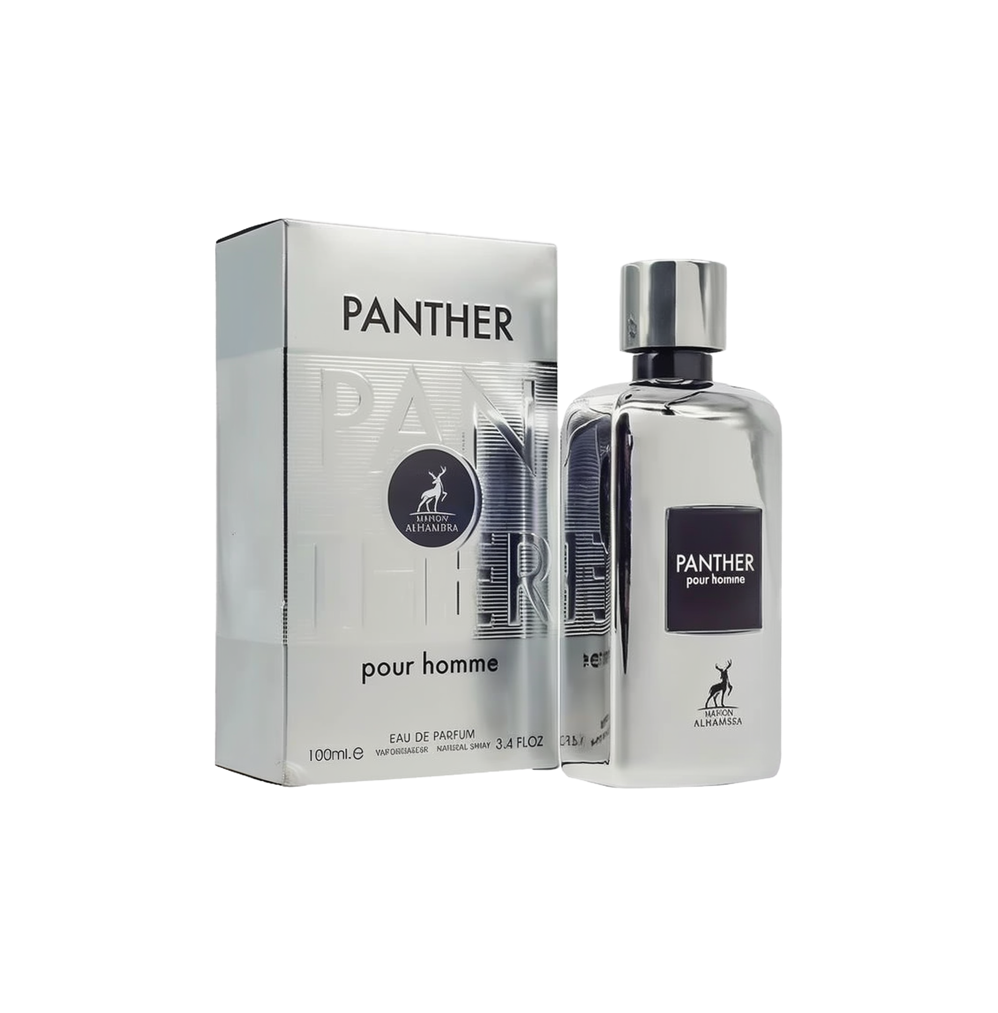 The image shows a sleek, metallic silver perfume bottle labeled "PANTHER pour homme" with the Maison Alhambra logo. The bottle has a reflective surface and a rectangular shape with a black label and cap. Next to the bottle is the matching silver packaging