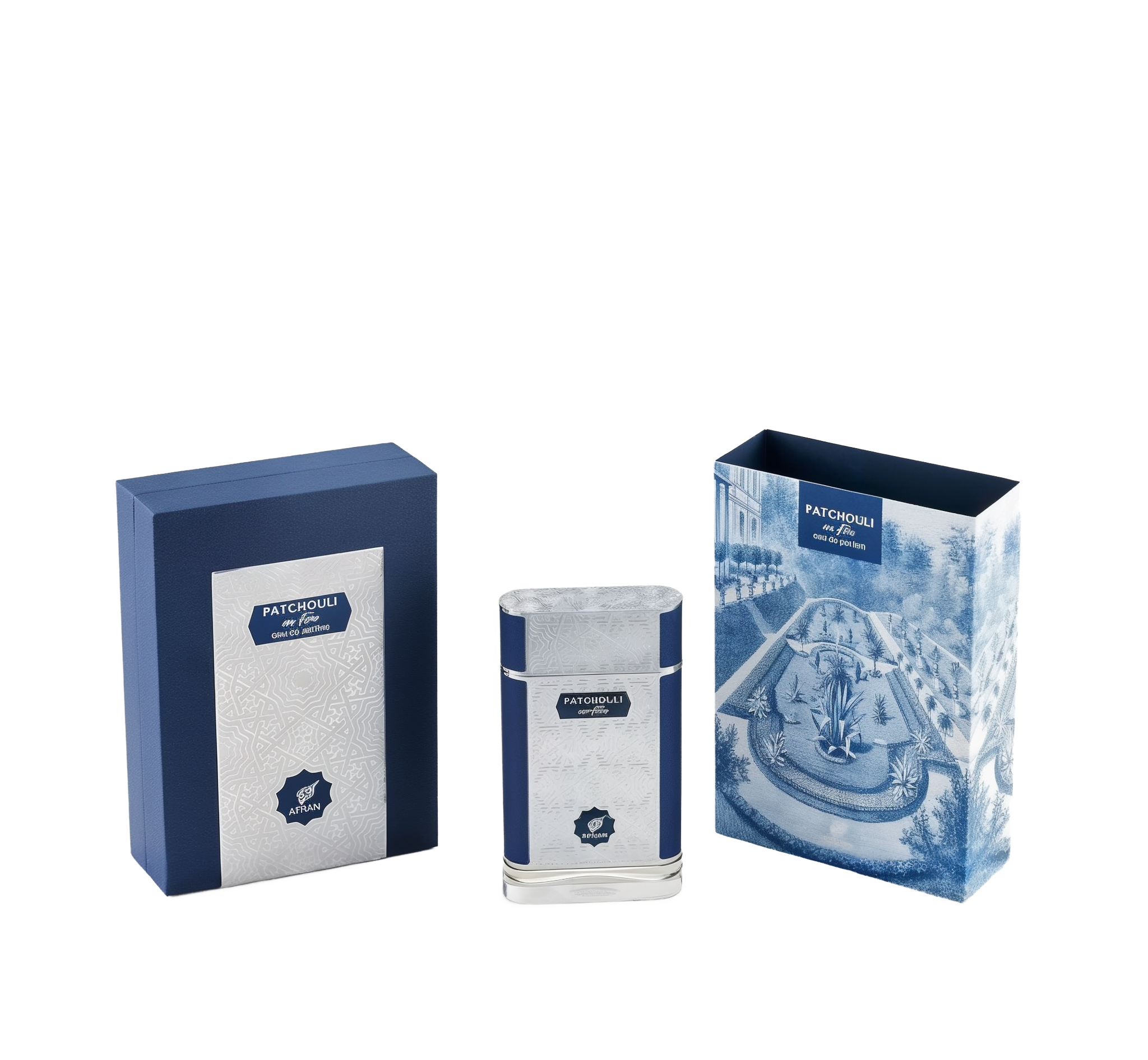 The image showcases a set of perfume products with their packaging. There are two boxes and one perfume bottle, all with a consistent color theme of navy blue and white. The box on the left is navy blue with a textured pattern and a white label that reads "PATCHOULI eau de parfum" along with the "AFNAN" logo. To the right is another box with a detailed blue and white illustration of a classical garden scene, including a fountain and neatly trimmed hedges.