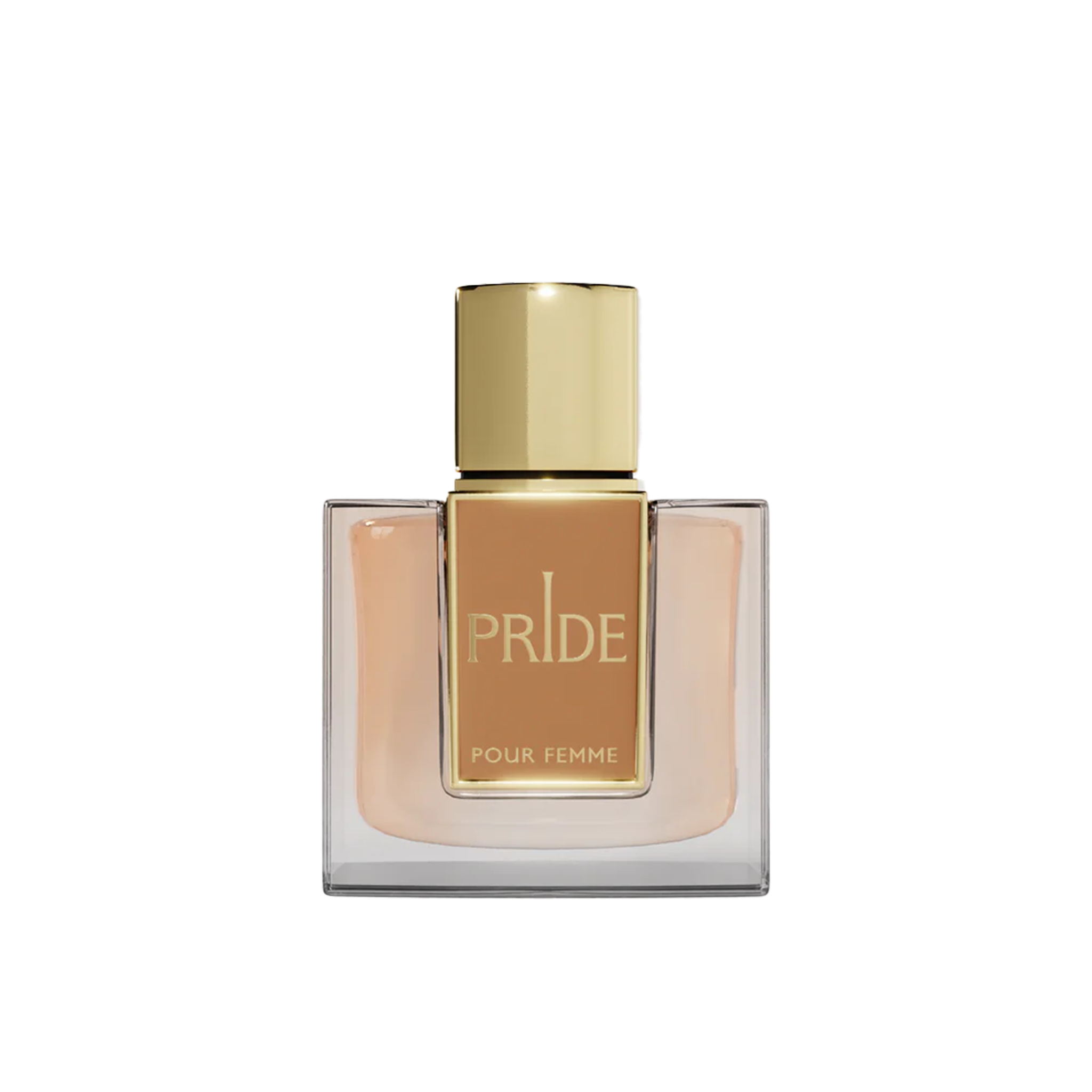 Pride Pour Femme perfume in elegant gold-capped bottle with warm amber fragrance.