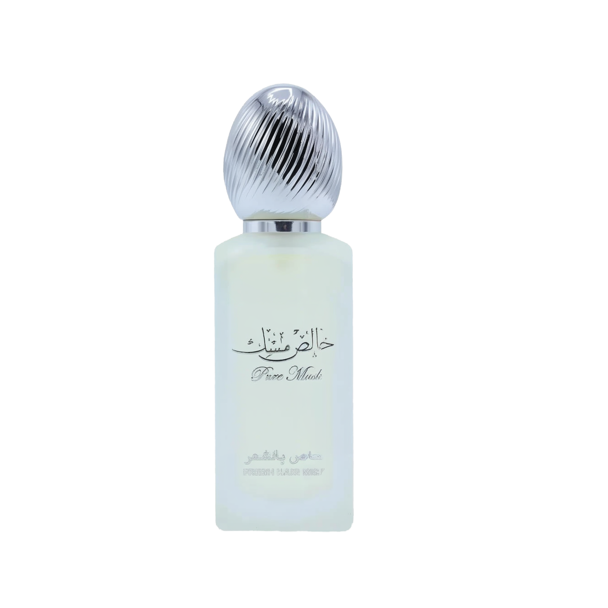 The image features a bottle of hair mist with a pastel-colored body, likely a frosted glass with a light blue tint. The cap is metallic silver with a ribbed texture, resembling a polished metal. On the bottle, there is Arabic calligraphy above the English words "Pure Musk." Below this, in a smaller font, the text "FRESH HAIR MIST" is visible.
