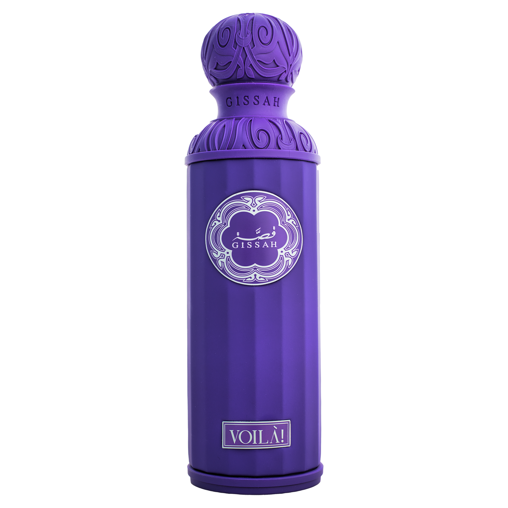 Purple Gissah Voilà perfume bottle with ornate cap on plain white background.