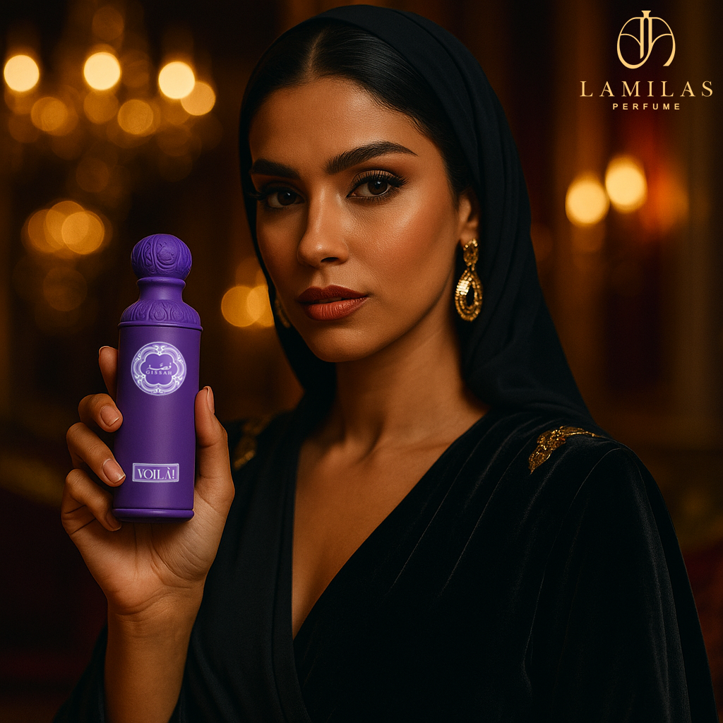 Woman in black dress holding purple Gissah Voilà perfume bottle indoors.