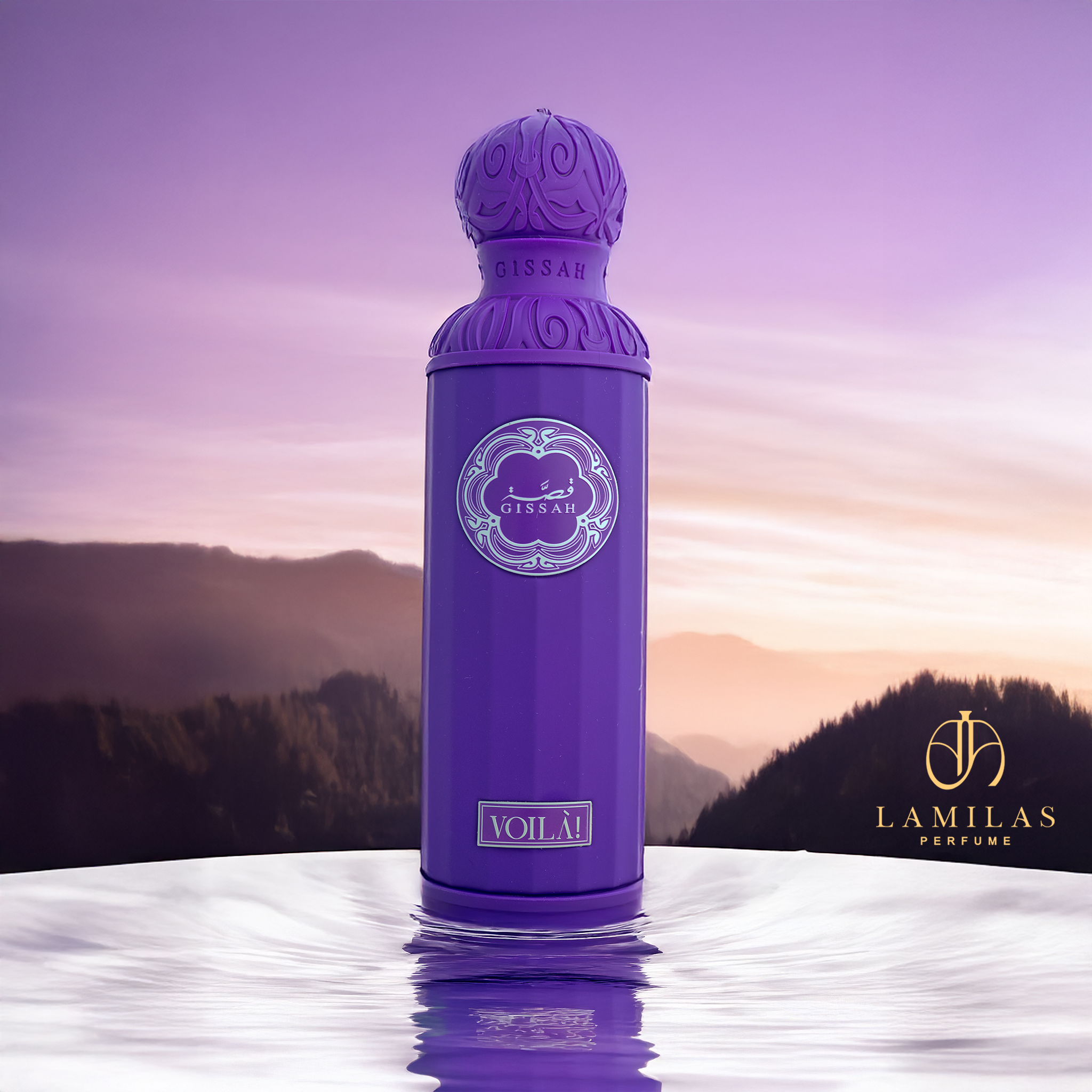 Purple Gissah Voilà perfume bottle reflected in water with mountain sunset backdrop.