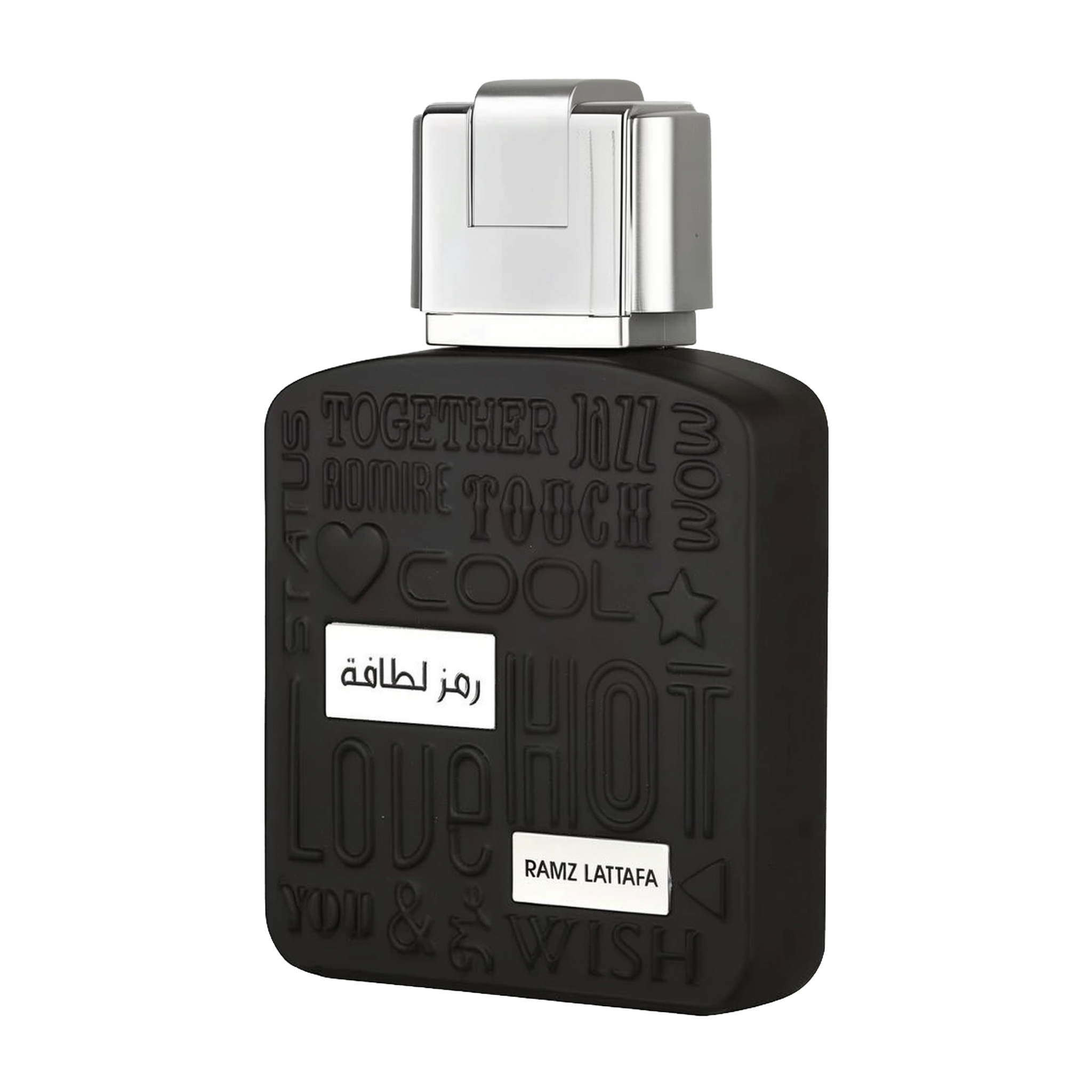 A close-up of the black bottle of "Ramz Lattafa" Eau de Parfum. The bottle's design includes embossed words like "Together," "Jazz," and "Touch" in varying styles. A metallic silver cap is on top of the bottle, and the product name is displayed in both Ar