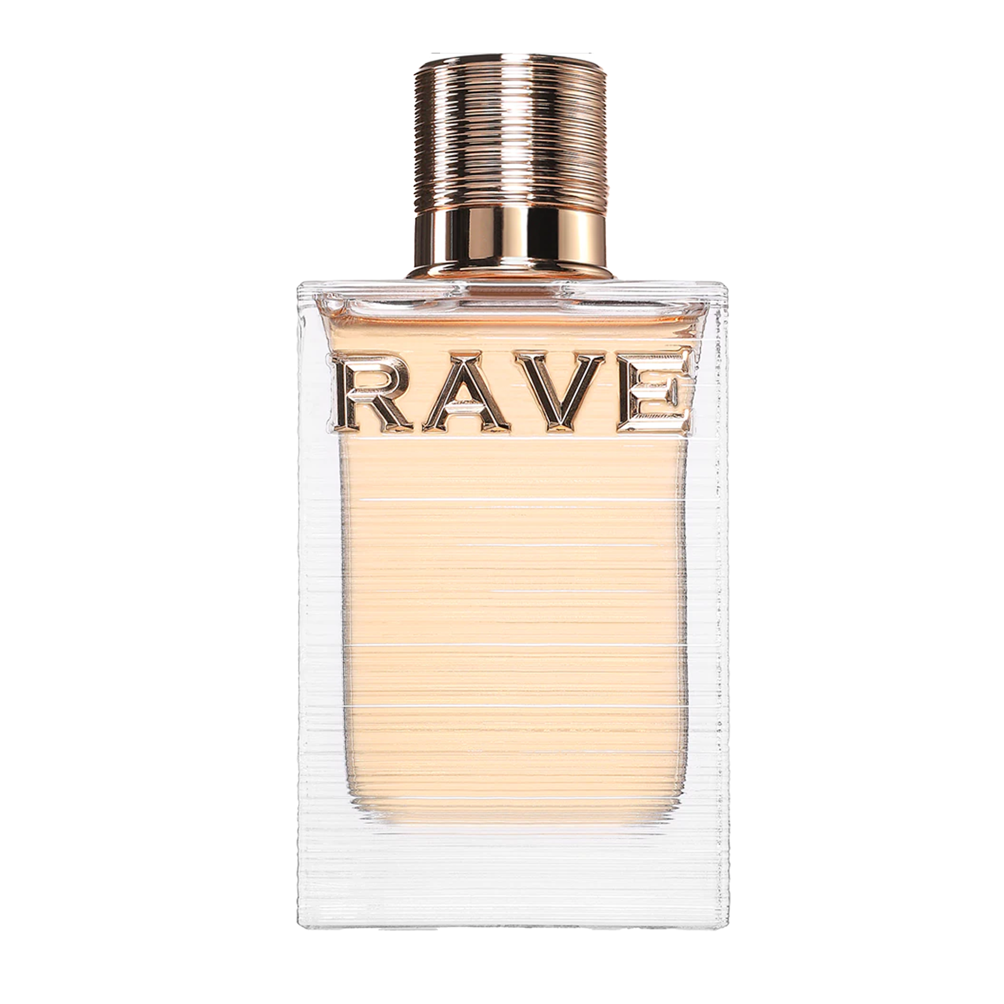 Rave Au Soleil perfume bottle with ribbed glass design and gold cap on a white background.
