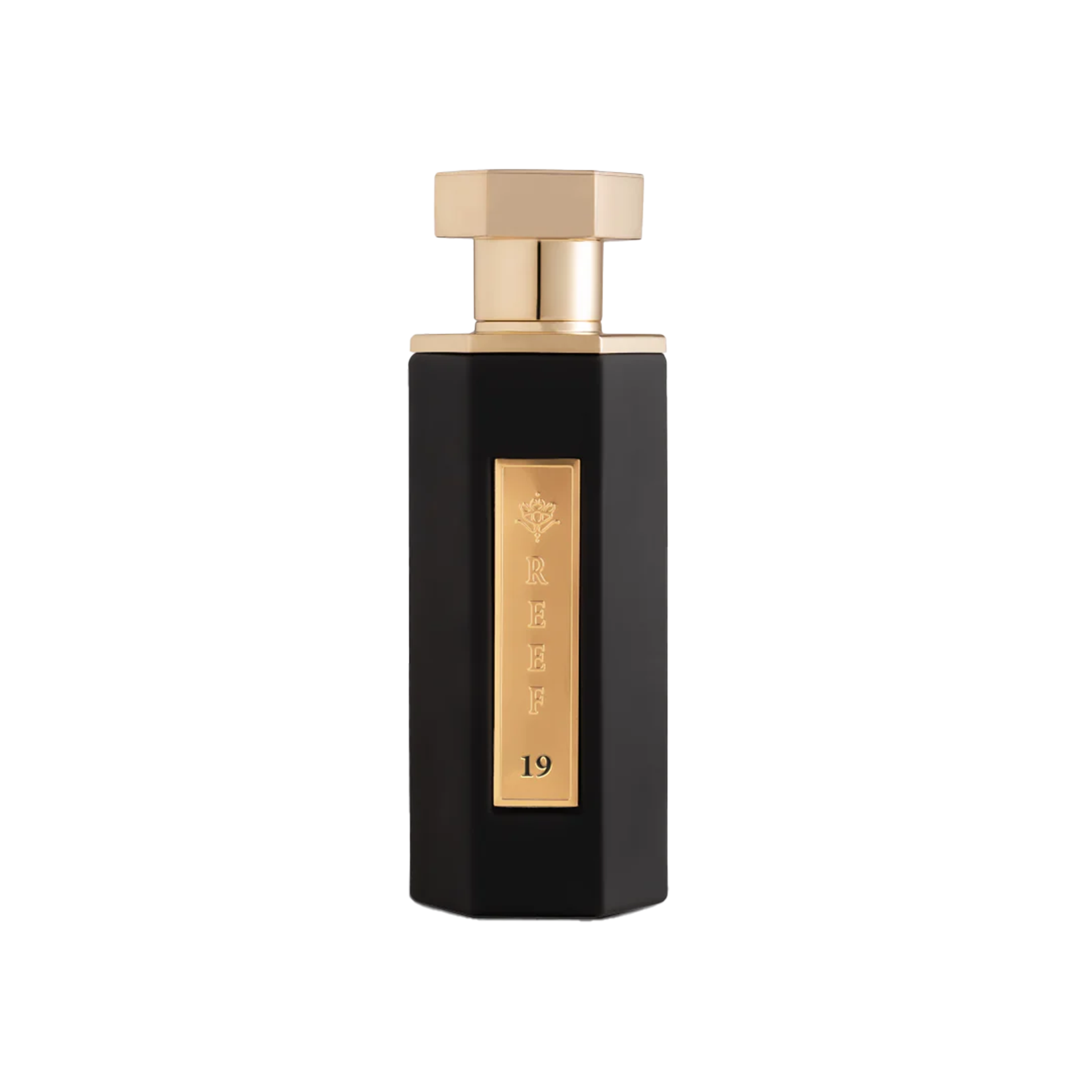 Tall black perfume bottle with gold hexagonal cap and vertical gold plaque marked Reef 19.
