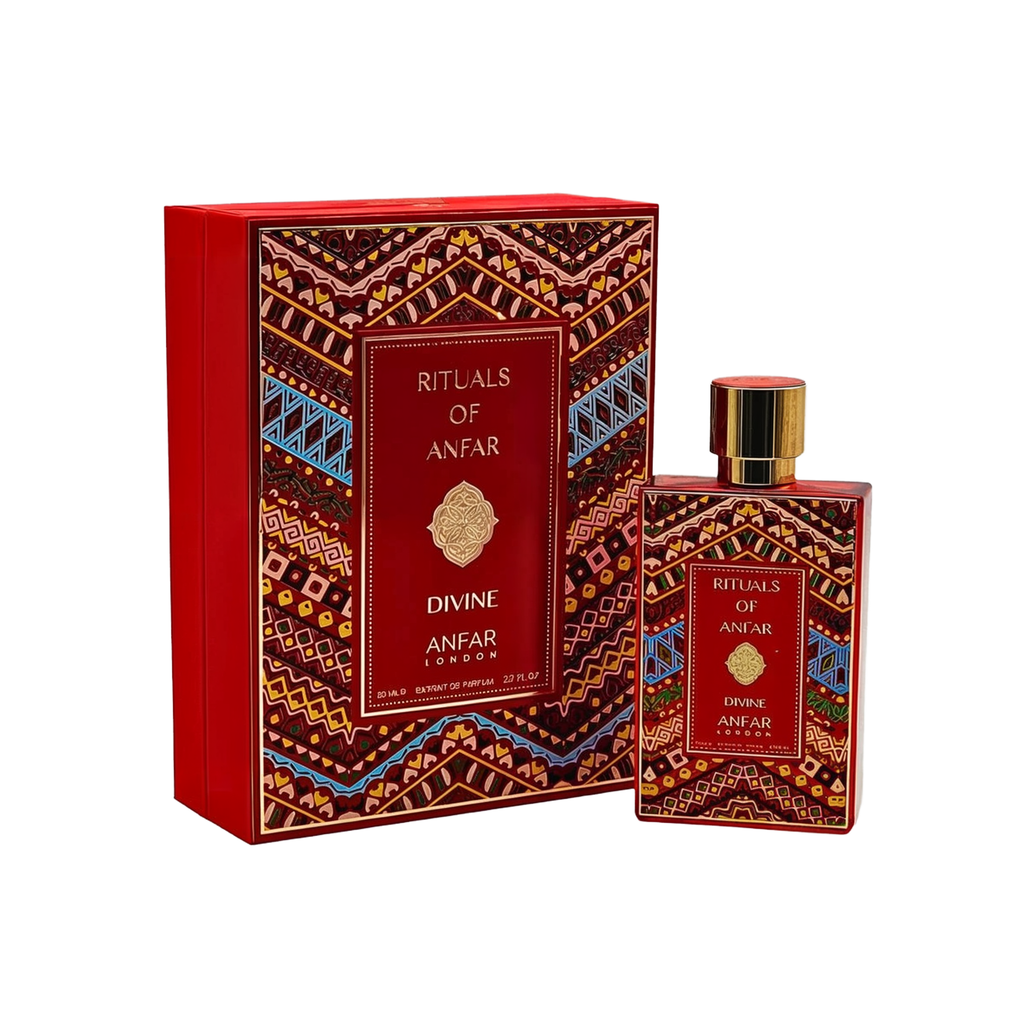 The image shows a product named "Rituals of Anfar Divine" by Anfar London. The packaging features a bold and intricate design with geometric patterns in vibrant colors, including red, gold, blue, and black, evoking a traditional and luxurious aesthetic. T