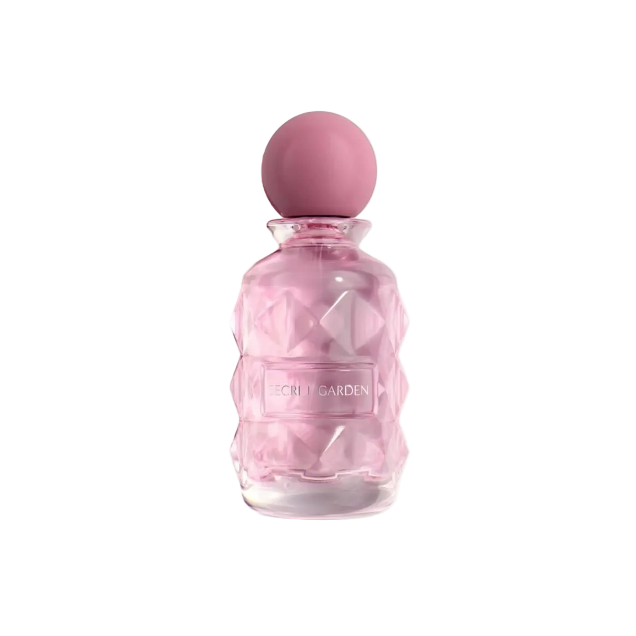 Laverne Secret Garden perfume bottle in soft pink glass with a round cap.