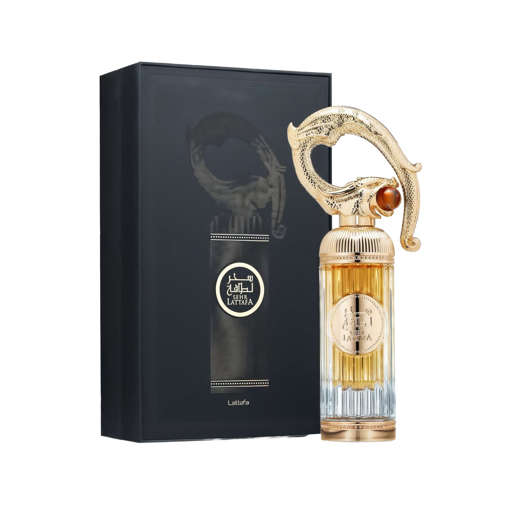 A luxurious bottle of Sehr Lattafa perfume by Lattafa, positioned beside its elegant black box. The tall, ribbed glass bottle transitions from clear at the base to a golden amber hue at the top. The centerpiece is an ornate, sculpted gold cap resembling an Arabian dagger or sword hilt, adorned with intricate detailing and a gemstone-like accent. The circular gold label on the front displays the name 'Sehr Lattafa' in Arabic and English.