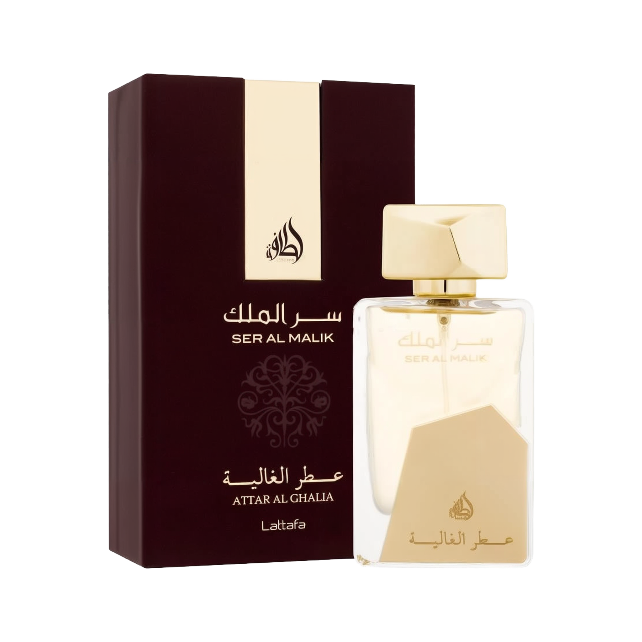 The image shows a clear perfume bottle from Lattafa with gold accents and the name "Ser Al Malik" in both Arabic and English. The bottle features a unique design with a large geometric gold cap and a matching gold label at the bottom. The text "Attar Al G