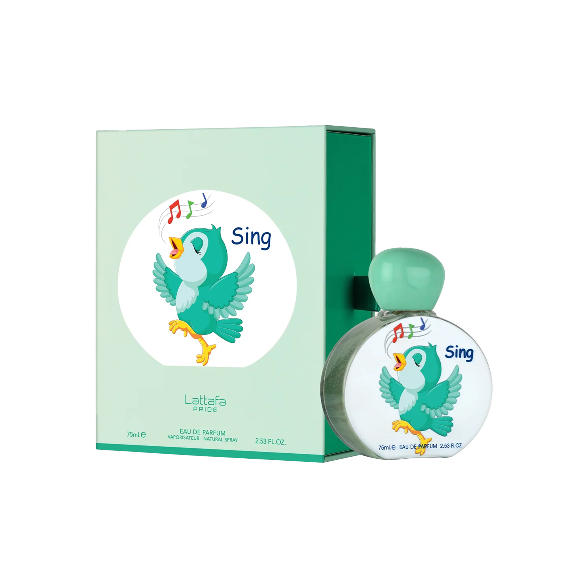 Lattafa Sing perfume with mint green box and round bottle featuring a singing cartoon bird.