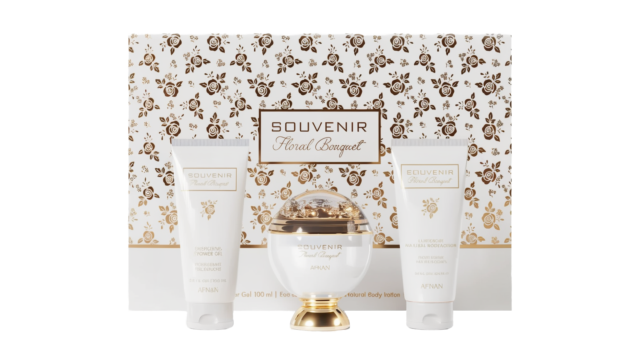 A gift set of the Souvenir Floral Bouquet by Afnan Perfumes. The packaging features an elegant floral design in gold and white. The set includes a luxurious perfume bottle with a gold and white design, an Energizing Shower Gel, and a Lusterous Natural Bod