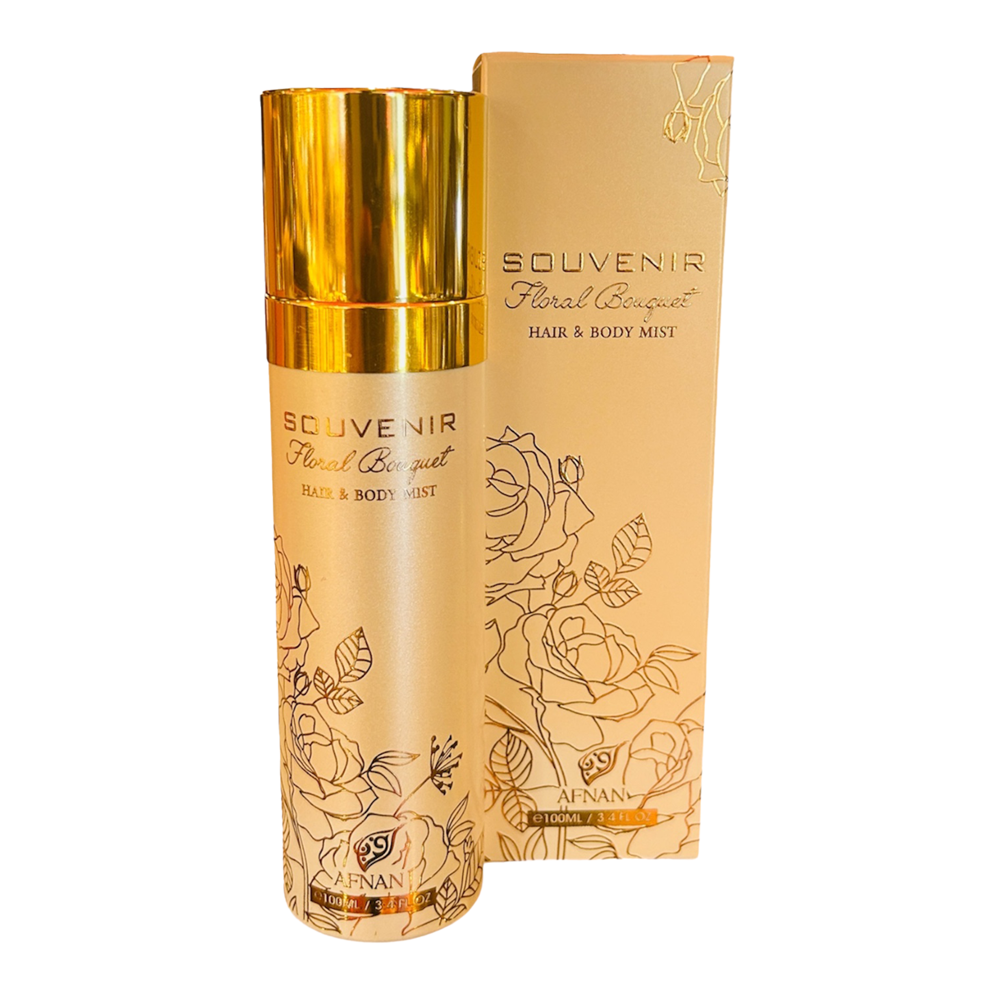 Afnan Souvenir Floral Bouquet Hair & Body Mist in a gold bottle with floral line art and matching gold box beside it.