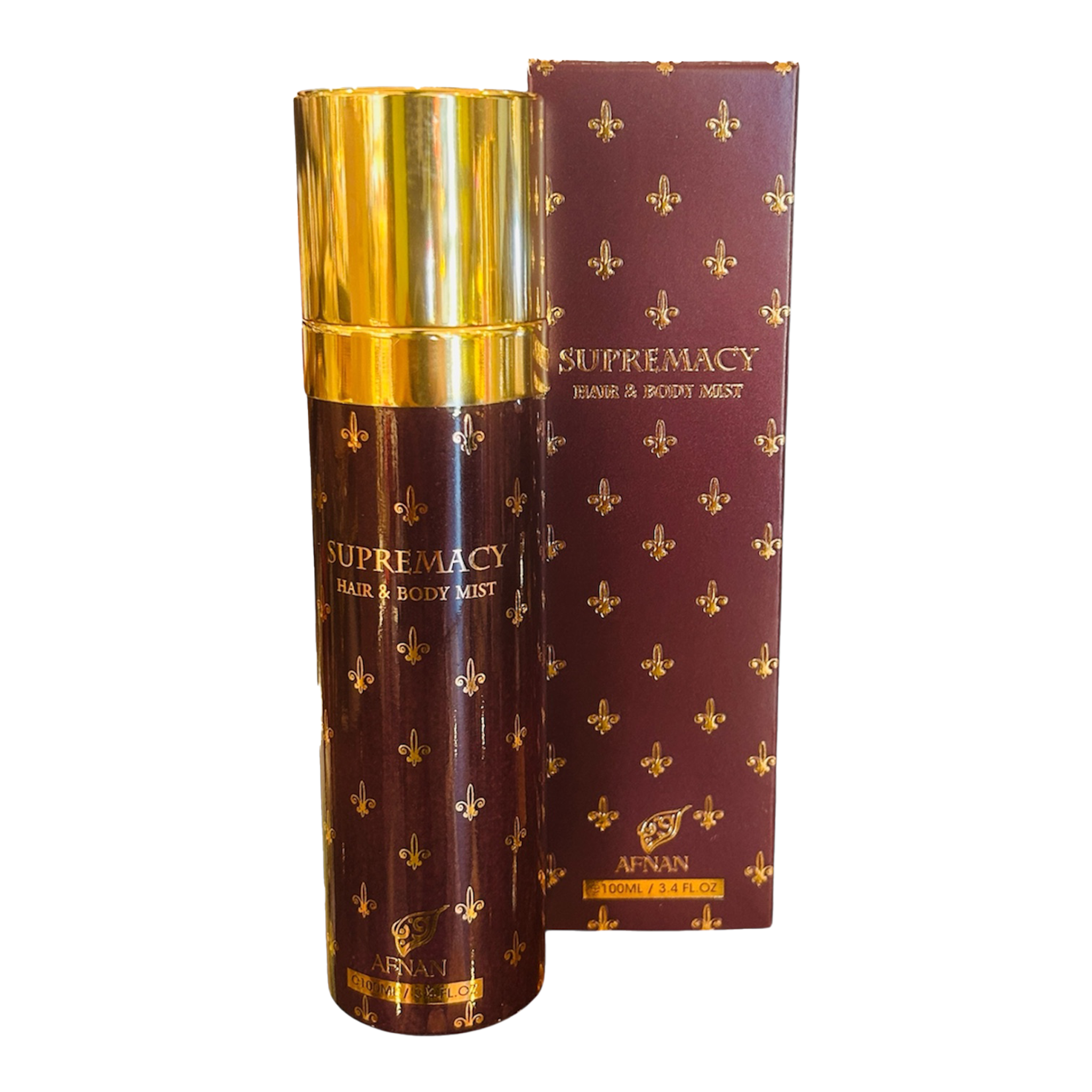 Afnan Supremacy Hair & Body Mist in a burgundy bottle with gold fleur-de-lis pattern and matching box beside it.
