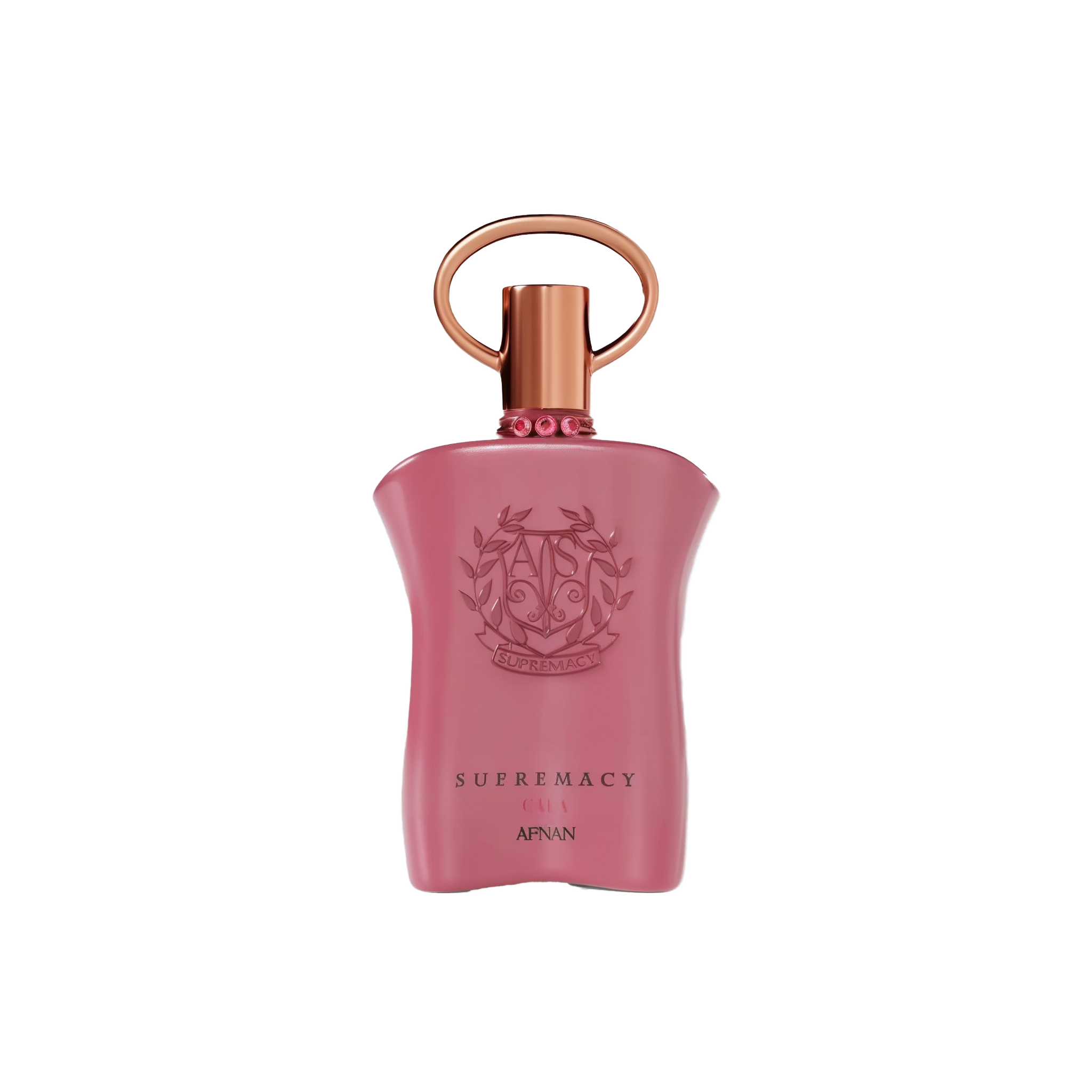 The image shows a pink perfume bottle with a metallic gold cap and a ring-shaped detail on top. The front of the bottle displays embossed text and a decorative emblem featuring the initials 'AP' in a stylized design, surrounded by a wreath-like motif. Below the emblem, the words "SUPREMACY GALA AFNAN" are printed in a simple, elegant font. The bottle has a smooth, matte finish, and there are small, pink gemstone-like embellishments around the neck.