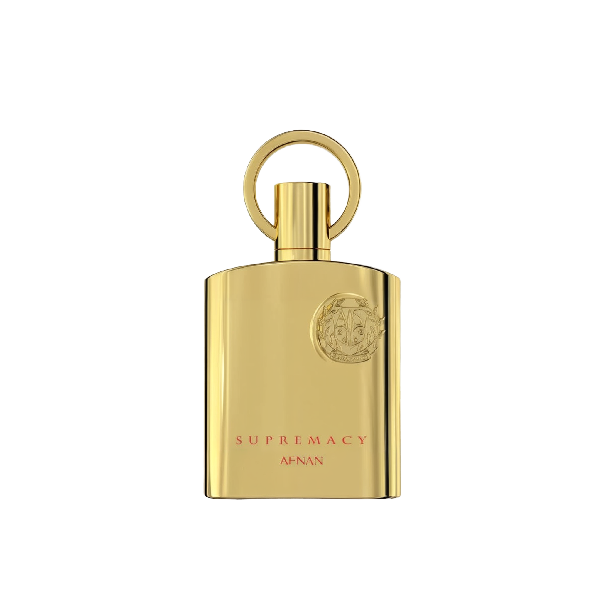 The image shows a bottle of "Supremacy" eau de parfum by Afnan Perfumes. The bottle is sleek and made of reflective gold metal, giving it a luxurious and elegant appearance. The design features a circular ring attached to the top, which serves as the cap. The front of the bottle is adorned with a raised emblem featuring intricate details, positioned near the top right corner.