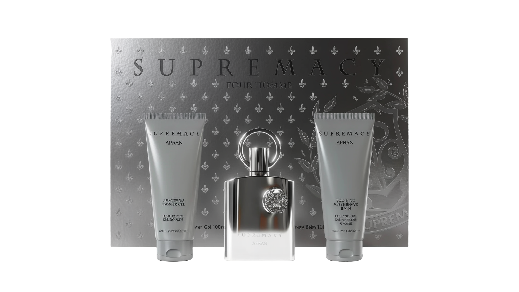 The Supremacy Silver gift set by Afnan Perfumes, featuring a silver perfume bottle with a circular handle, centered between two grey tubes. The tube on the left is the Energizing Shower Gel, and the one on the right is the Soothing After Shave Balm.