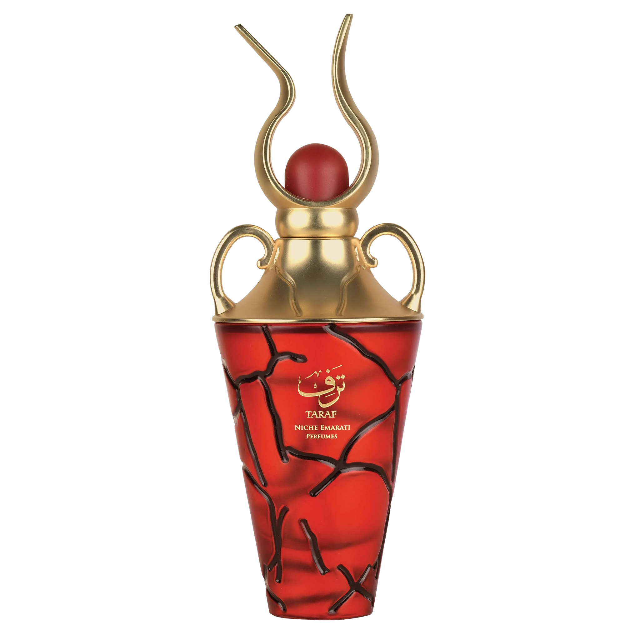 Taraf Eau De Parfum by Lattafa in a luxurious red and gold bottle with a cracked design and golden cap.