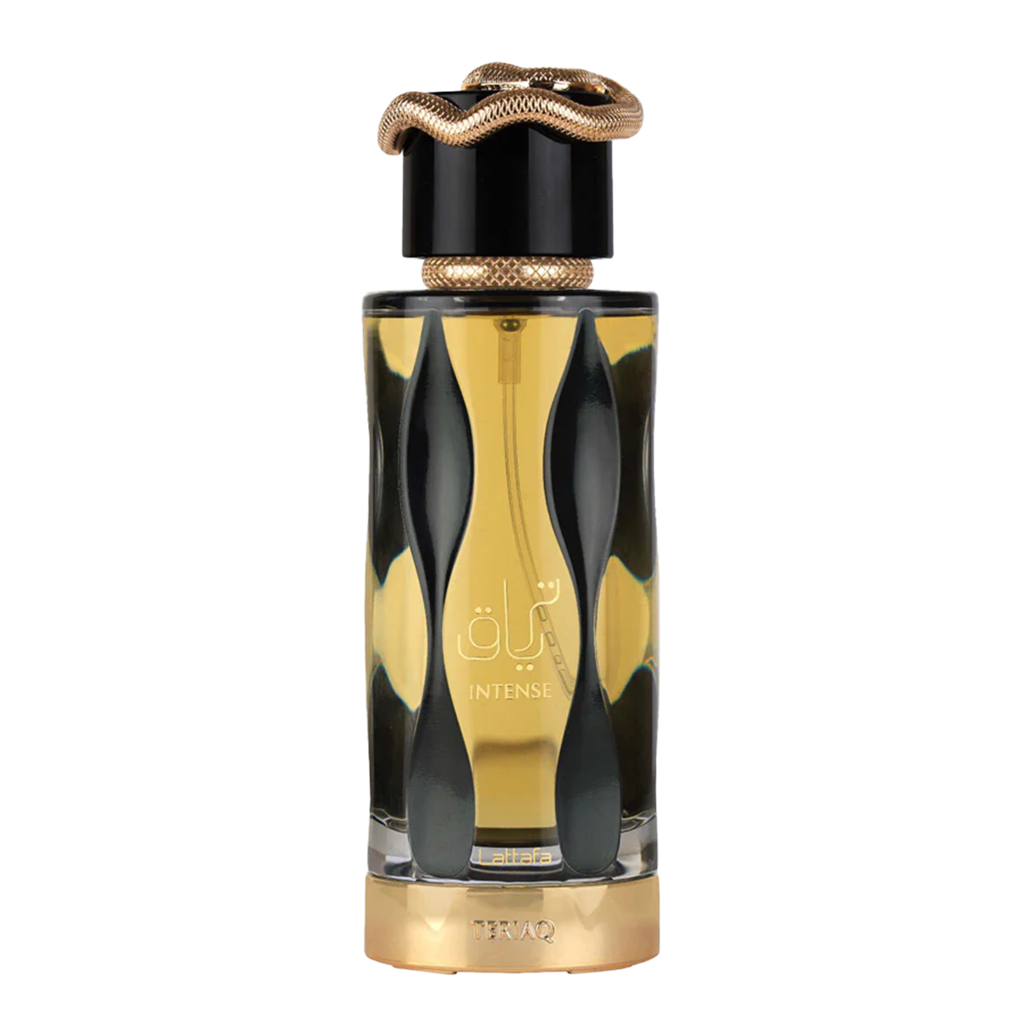 A tall cylindrical perfume bottle with black wavy patterns, golden liquid and a gold coiled snake cap.