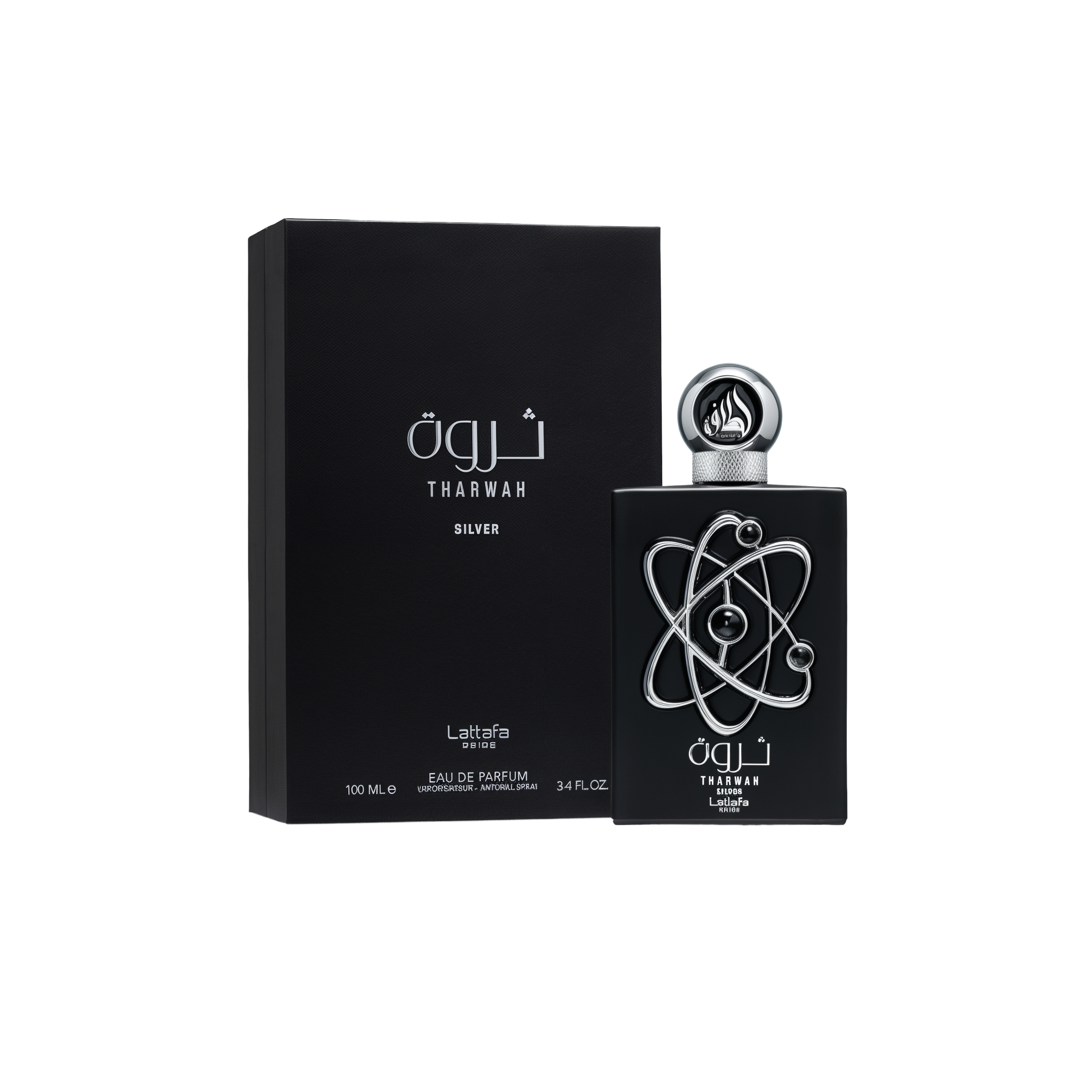 A sleek black rectangular box labeled ‘Tharwah Silver’ by Lattafa, displayed next to a matching black rectangular perfume bottle adorned with interlocking silver rings on the front and topped by a round, decorative silver cap.