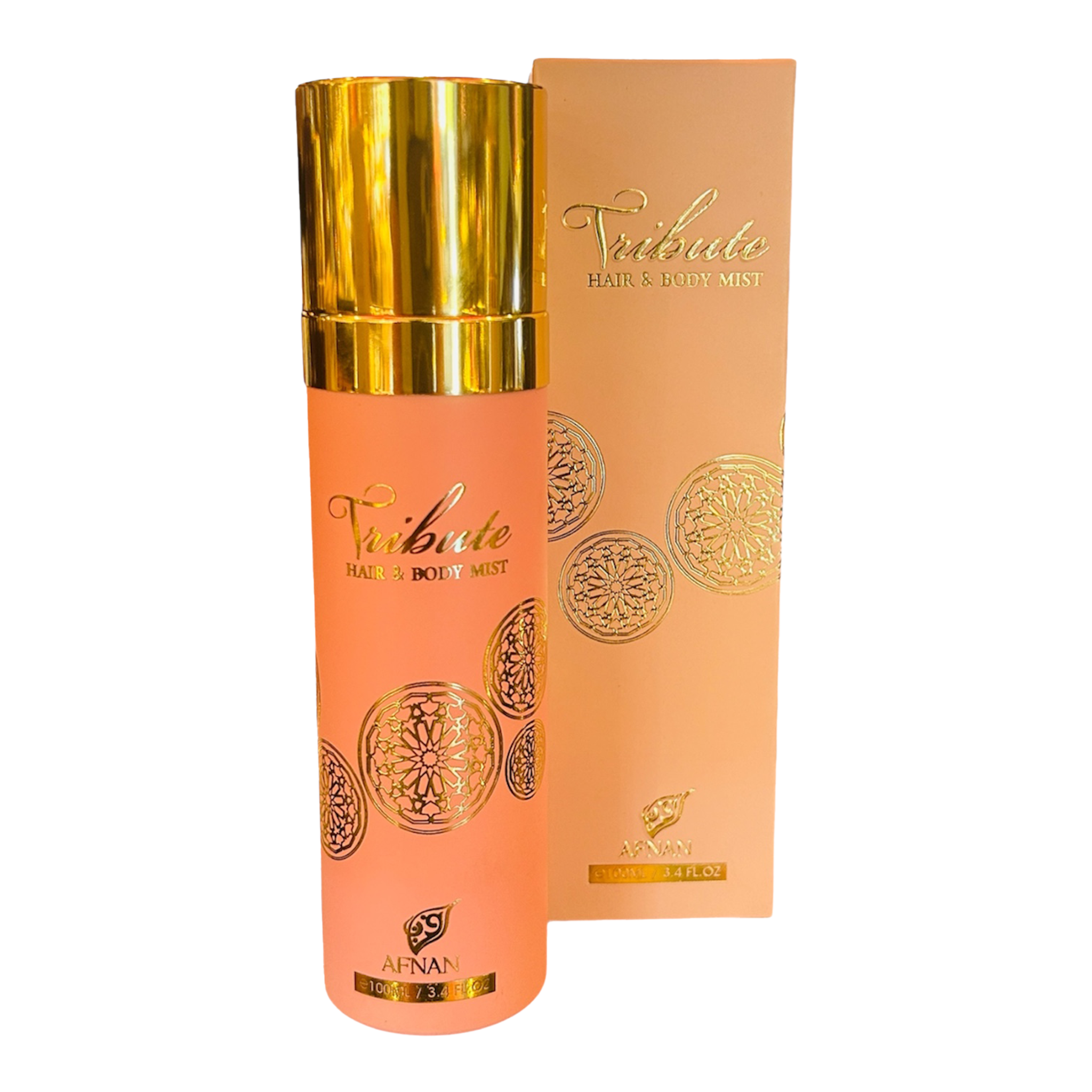 Afnan Tribute Hair & Body Mist in a peach-pink bottle with gold cap and circular gold patterns, shown beside matching box.
