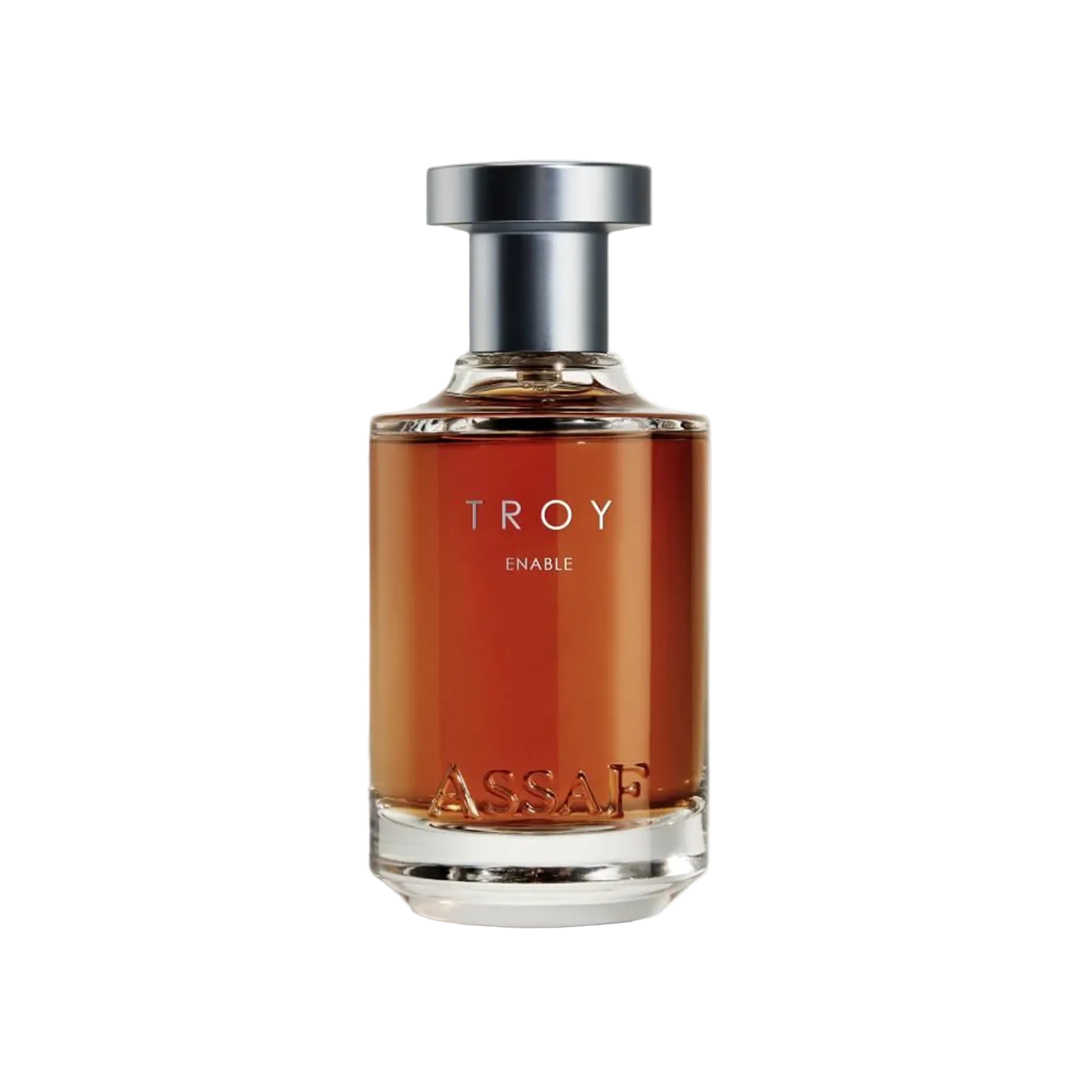 Assaf Troy Enable perfume bottle with amber fragrance and silver cap.