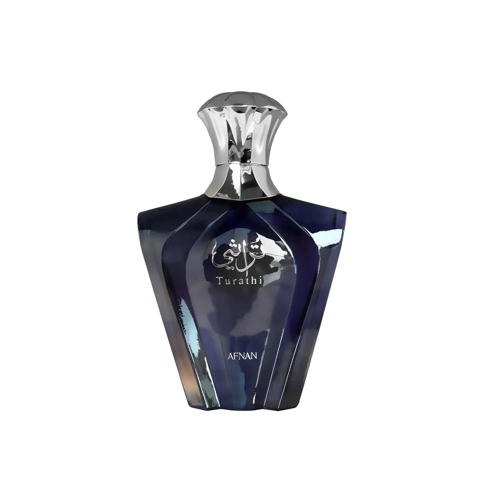 The image presents a sleek perfume bottle with a geometric design. The bottle has a deep blue color with a glossy, reflective surface, and features silver accents. The cap is silver and has an inverted cup shape that complements the bottle's shoulders. On the front, in silver lettering, is the name "Turathi" beneath an emblem with Arabic calligraphy, indicating the fragrance name or brand.