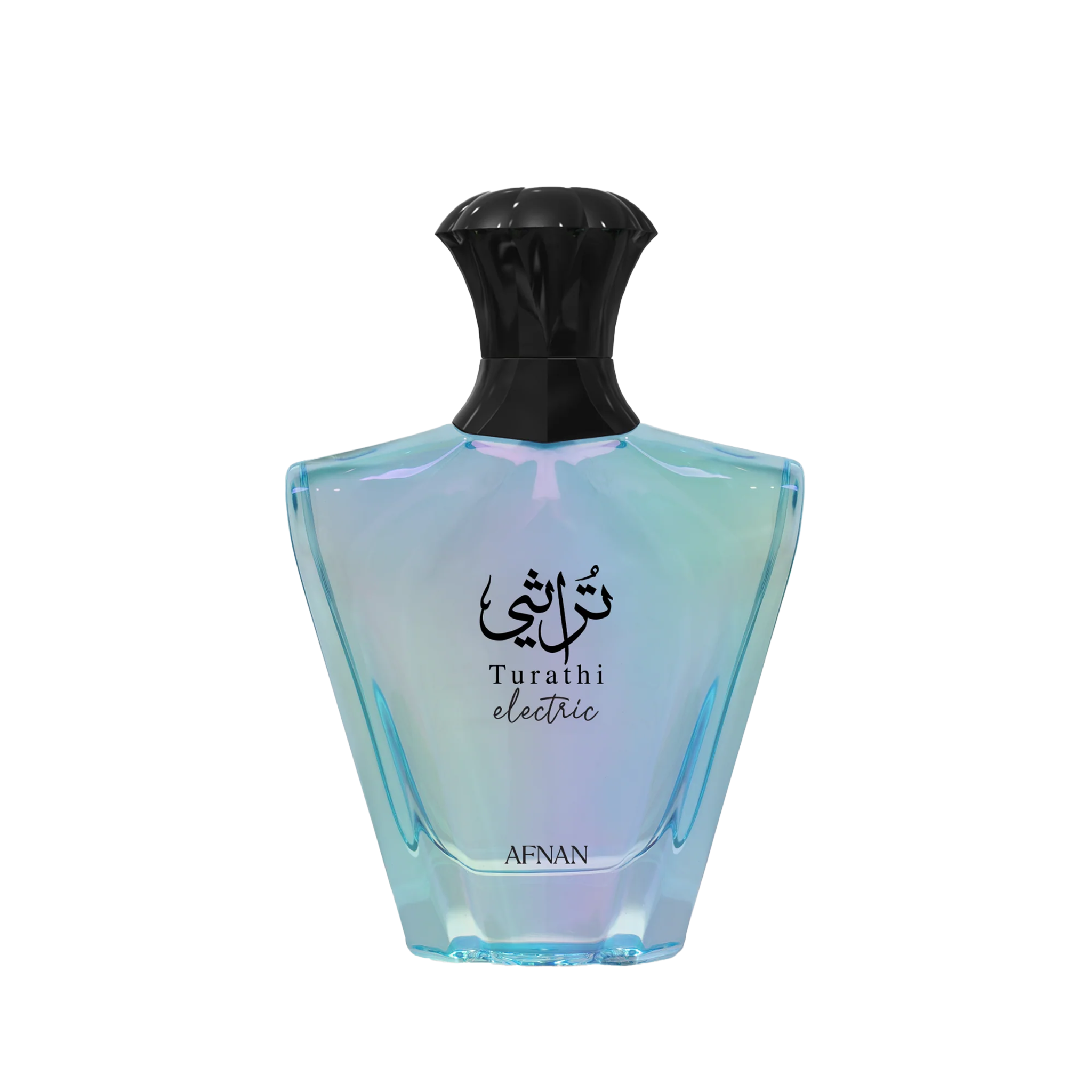 Iridescent blue perfume bottle with black cap and Turathi Electric Afnan branding on front.