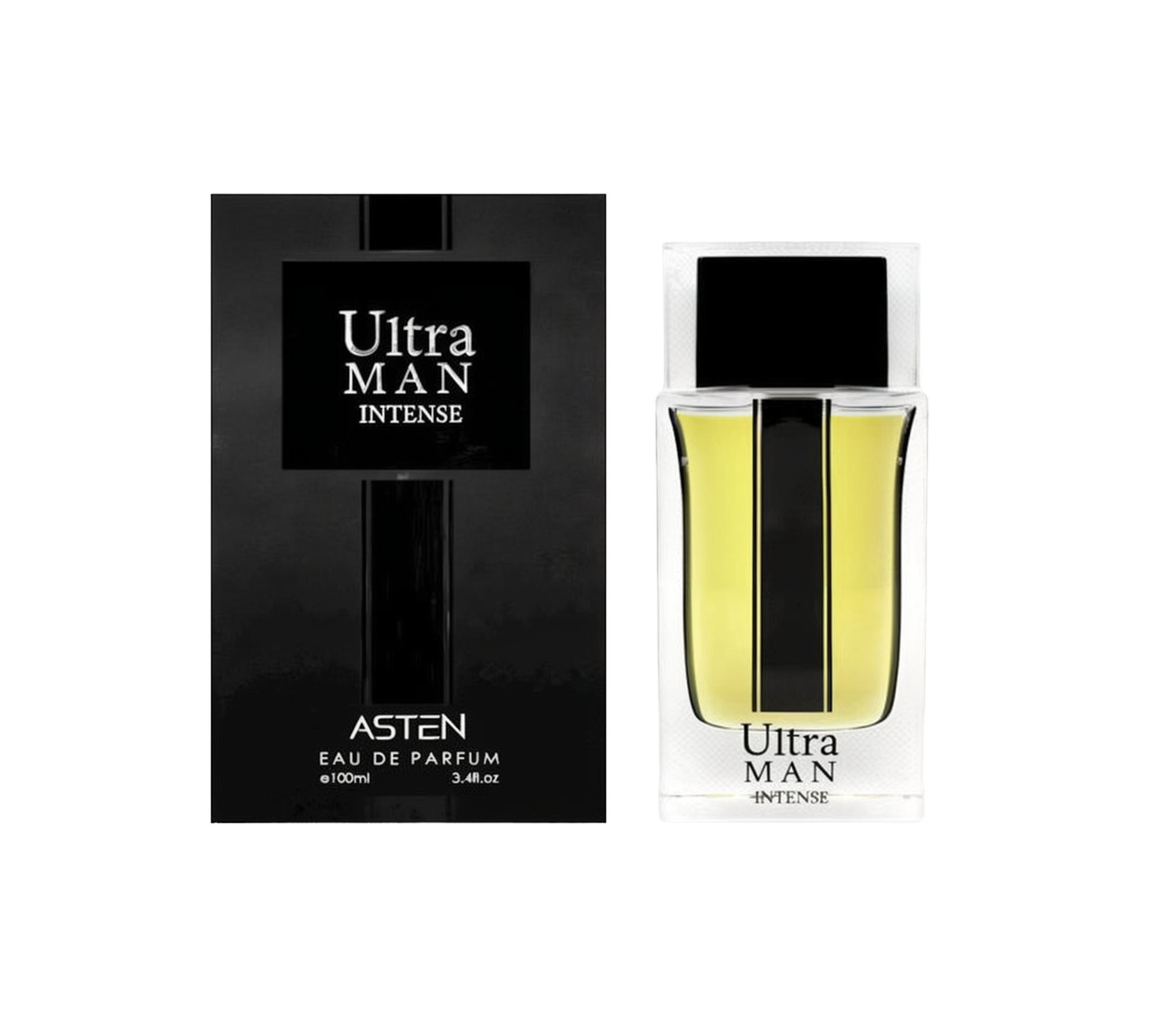 A black rectangular box labeled “Ultra Man Intense” by Asten, shown alongside a clear rectangular bottle filled with pale yellow fragrance and featuring a bold black center stripe. The bottle is also labeled “Ultra Man Intense” and indicates it is an Eau De Parfum (100 ml).