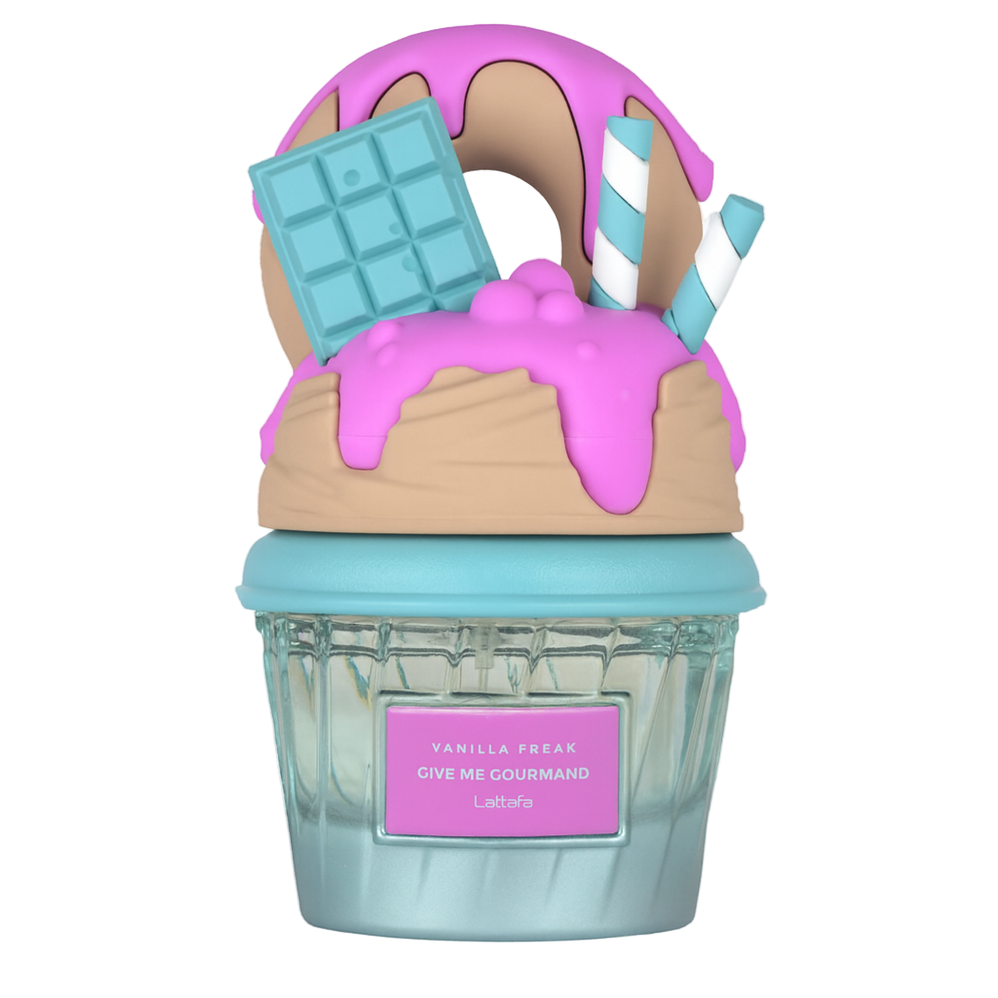 Lattafa Vanilla Freak Give Me Gourmand perfume bottle with donut, chocolate bar, and wafer details in pink and blue tones.