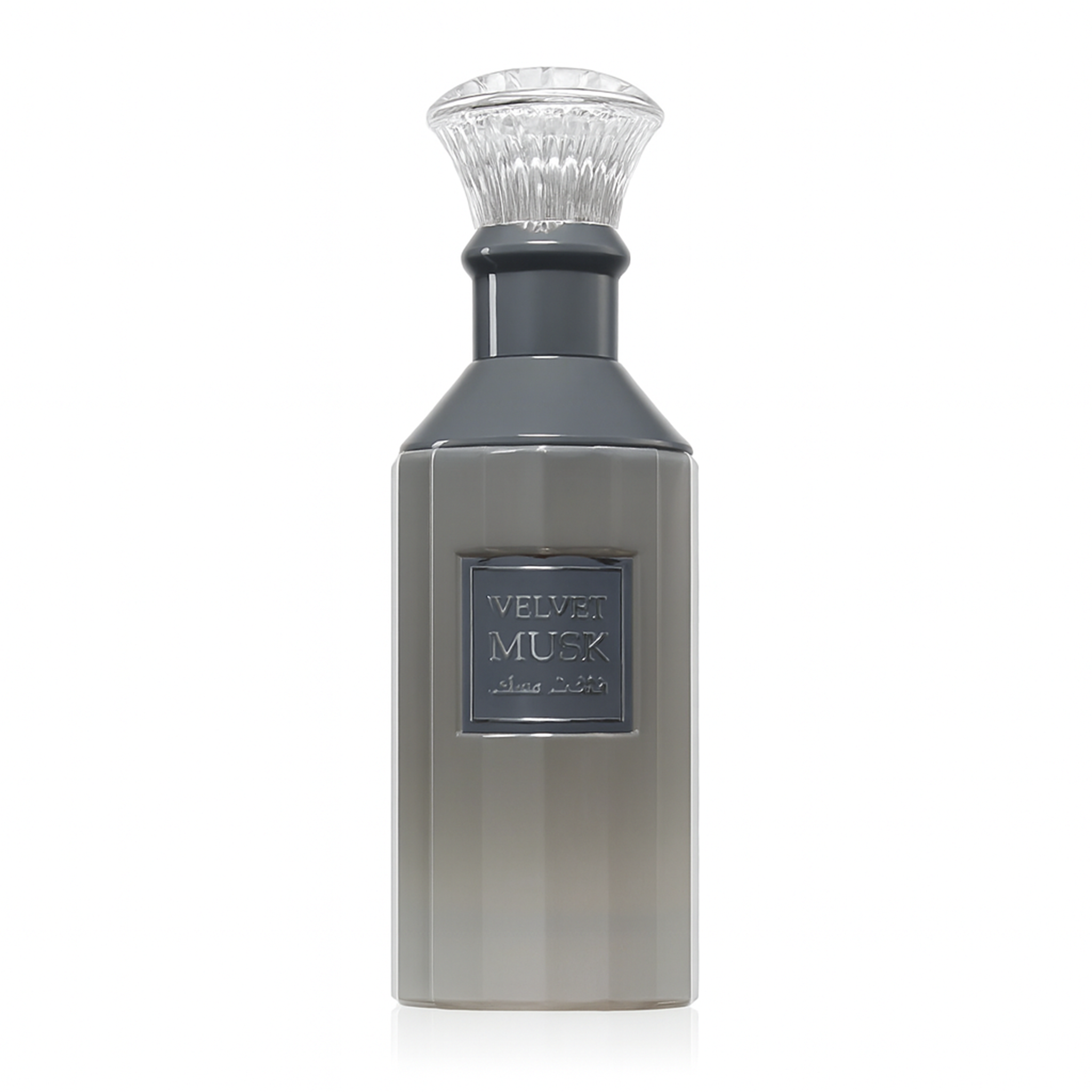 Velvet Musk perfume in a sleek grey bottle with clear textured cap and silver label.