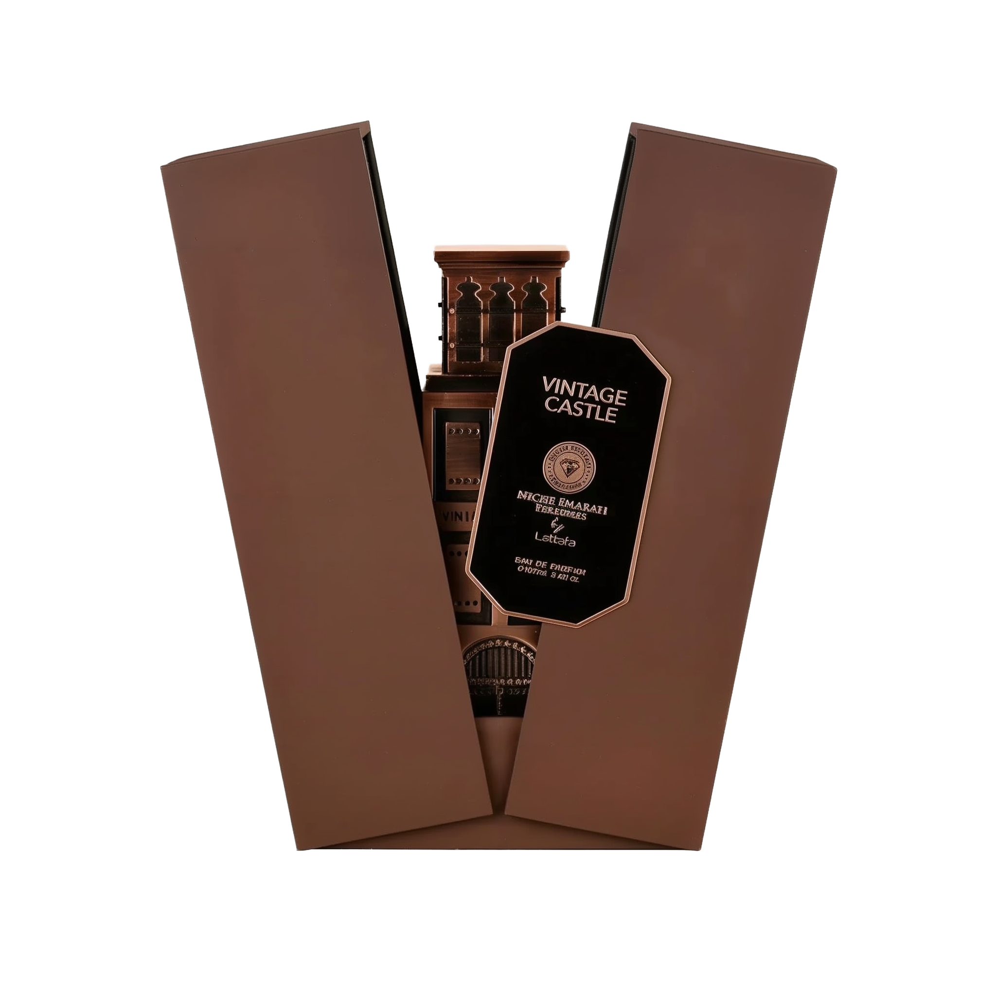 The same 'Vintage Castle' perfume bottle is displayed, partially revealed from its dark brown box with an angular opening. The bottle continues to resemble a vintage castle with detailed architectural elements, and the packaging has the same gold and blac